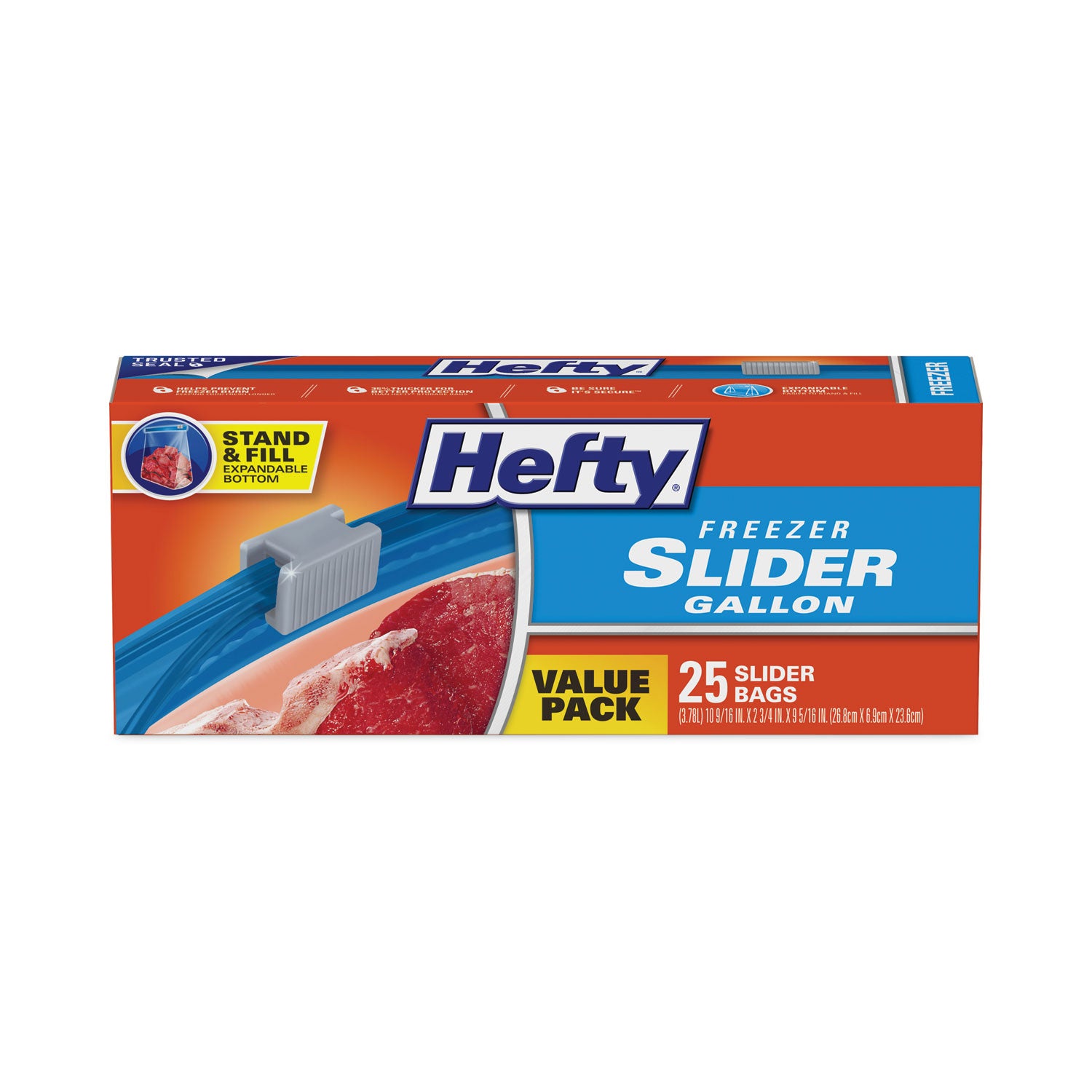 Hefty® Slider Stand and Fill Freezer Storage Bags, 1 gal, 10.56" x 11", Clear, 25 Bags/Box, 9 Boxes/Carton