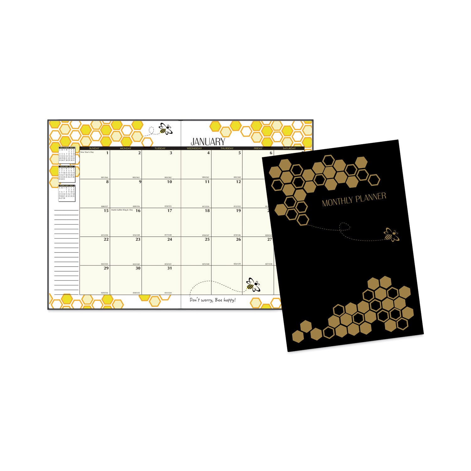 Recycled Honeycomb Monthly Planner, Honeycomb Artwork, 11 x 7, Black/Gold Cover, 12-Month (Jan to Dec): 2025