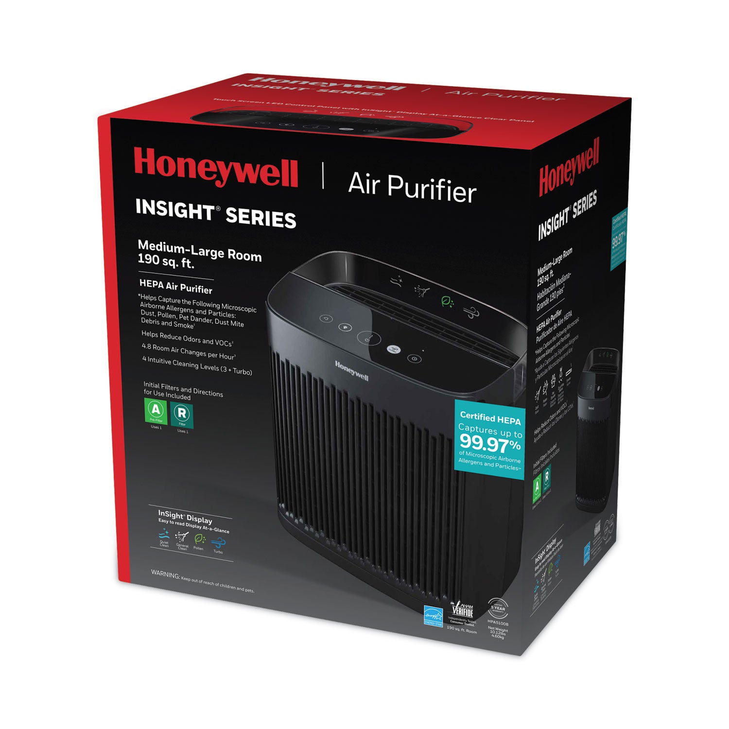 Honeywell InSight HEPA Air Purifier HPA5100B, 190 sq ft Room Capacity, Black