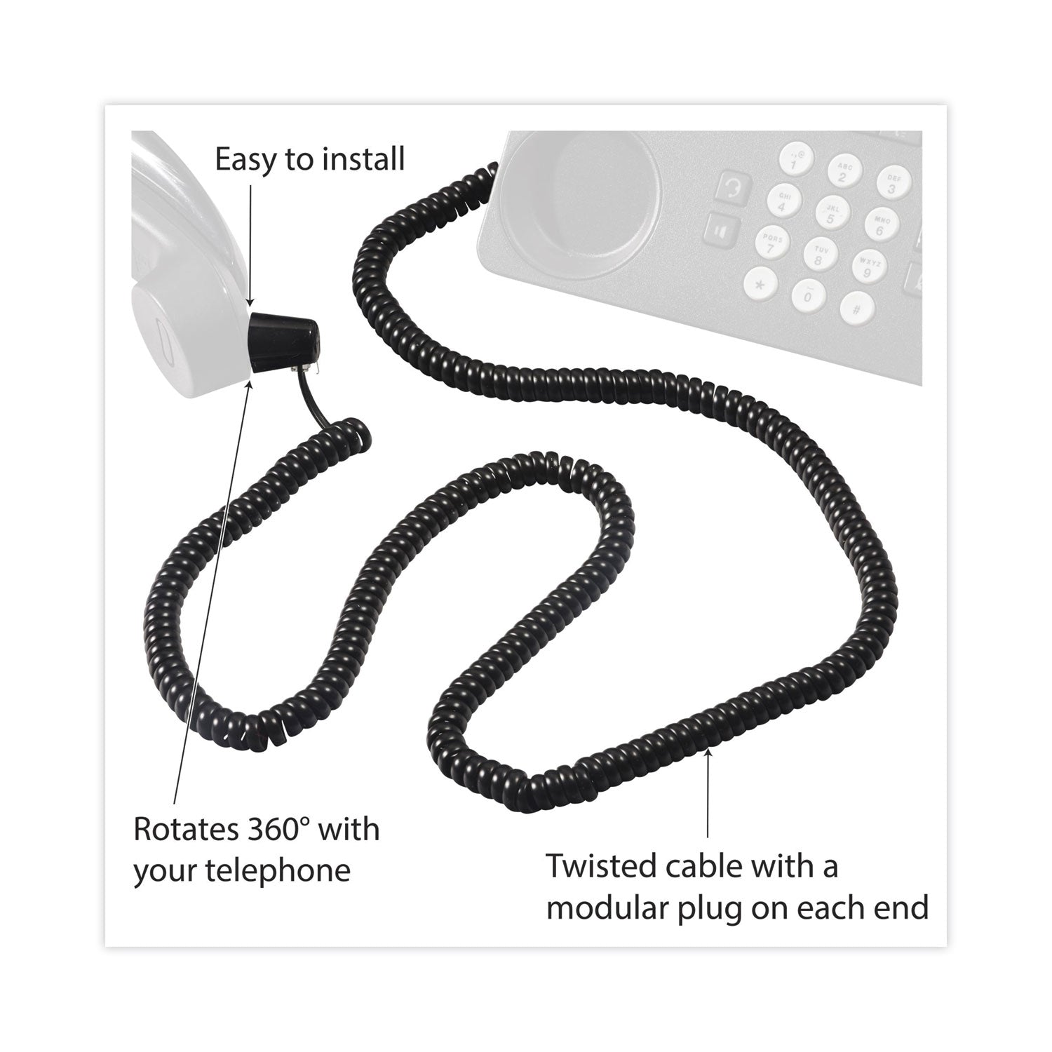 Softalk® Twisstop Detangler with Coiled, 25-Foot Phone Cord, Black