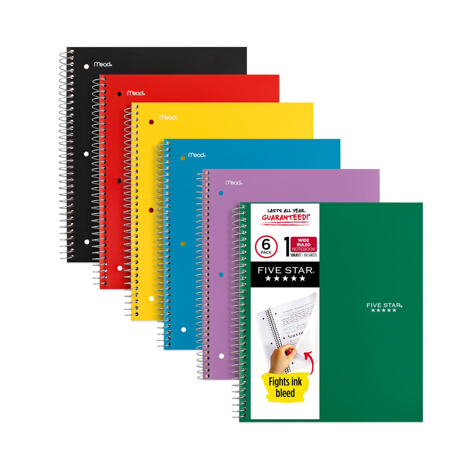 Wirebound Notebook, 1-Subject, Wide/Legal Rule, Assorted Cover Colors, (100) 10.5 x 8 Sheets, 6/Pack