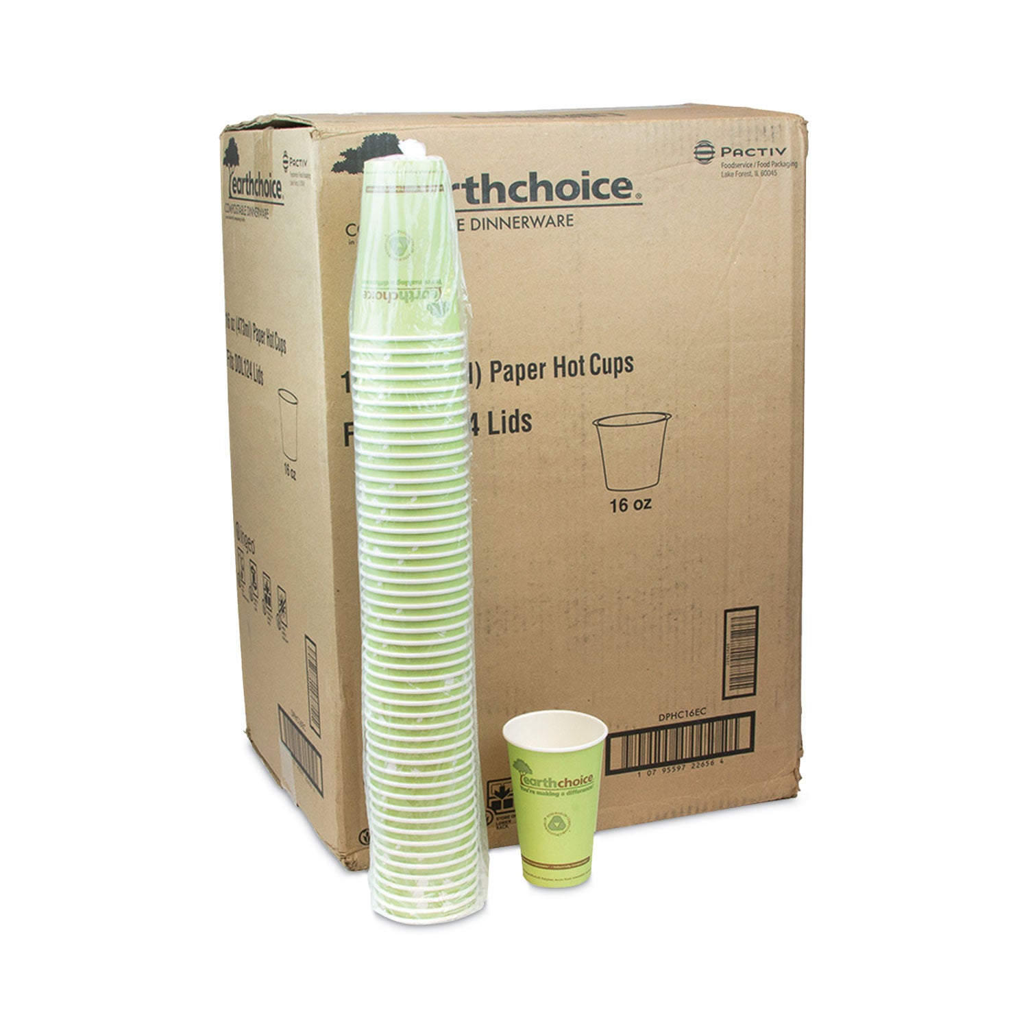 Pactiv Evergreen EarthChoice Compostable Paper Cup, 16 oz, Green, 1,000/Carton