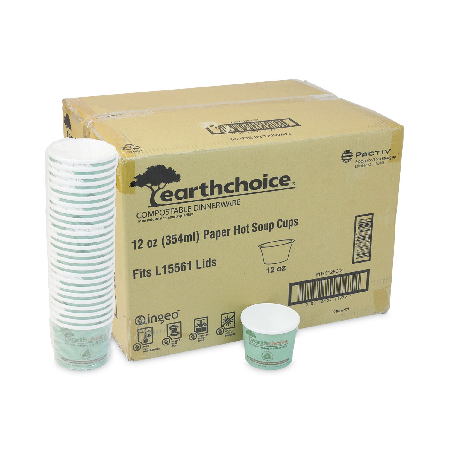 EarthChoice Compostable Soup Cup, Medium, 12 oz, 3.63" Diameter x 3.63"h, Teal, Paper, 500/Carton Pactiv Evergreen Flipcost