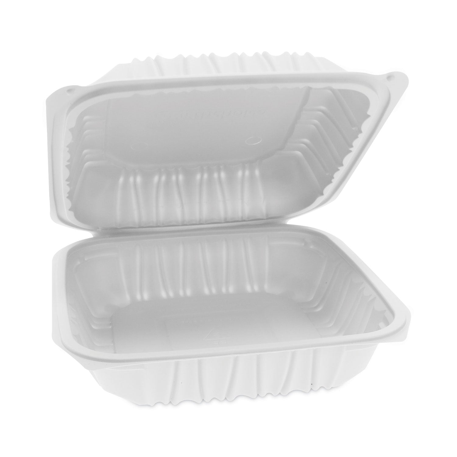 Pactiv Evergreen EarthChoice Vented Microwavable MFPP Hinged Lid Container, 8.5 x 8.5 x 3.1, White, Plastic, 146/Carton