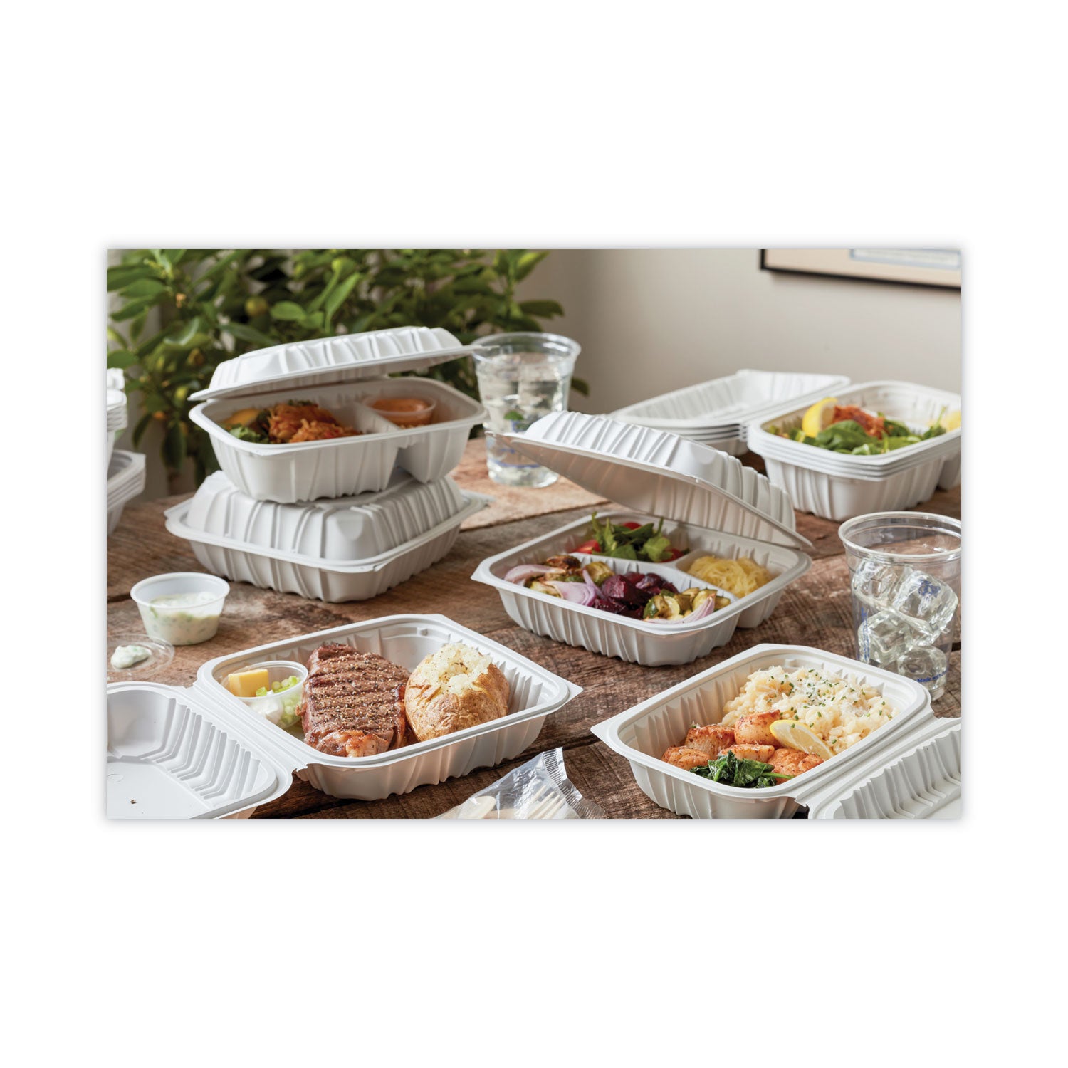 Pactiv Evergreen EarthChoice Vented Microwavable MFPP Hinged Lid Container, 3-Compartment, 8.5 x 8.5 x 3.1, White, Plastic, 146/Carton