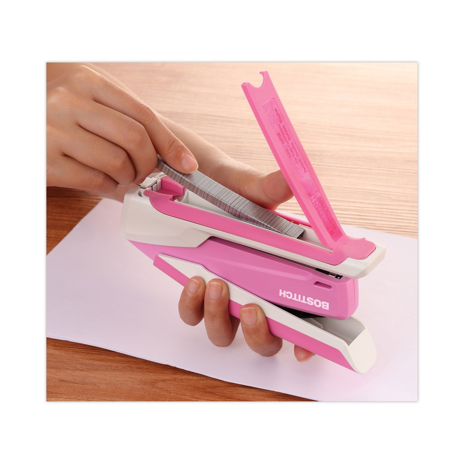 Bostitch® InCourage Spring-Powered Desktop Stapler with Antimicrobial Protection, 20-Sheet Capacity, Pink/Gray