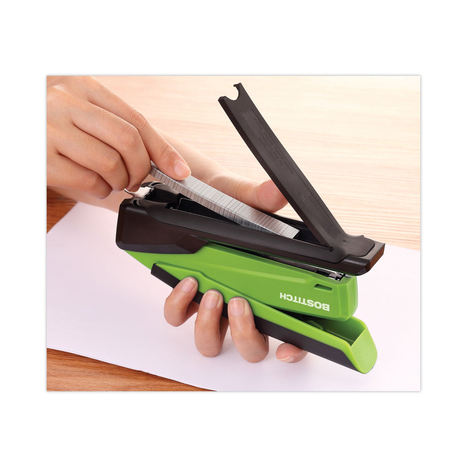 Bostitch® InPower One-Finger 3-in-1 Desktop Stapler with Antimicrobial Protection, 20-Sheet Capacity, Green/Black