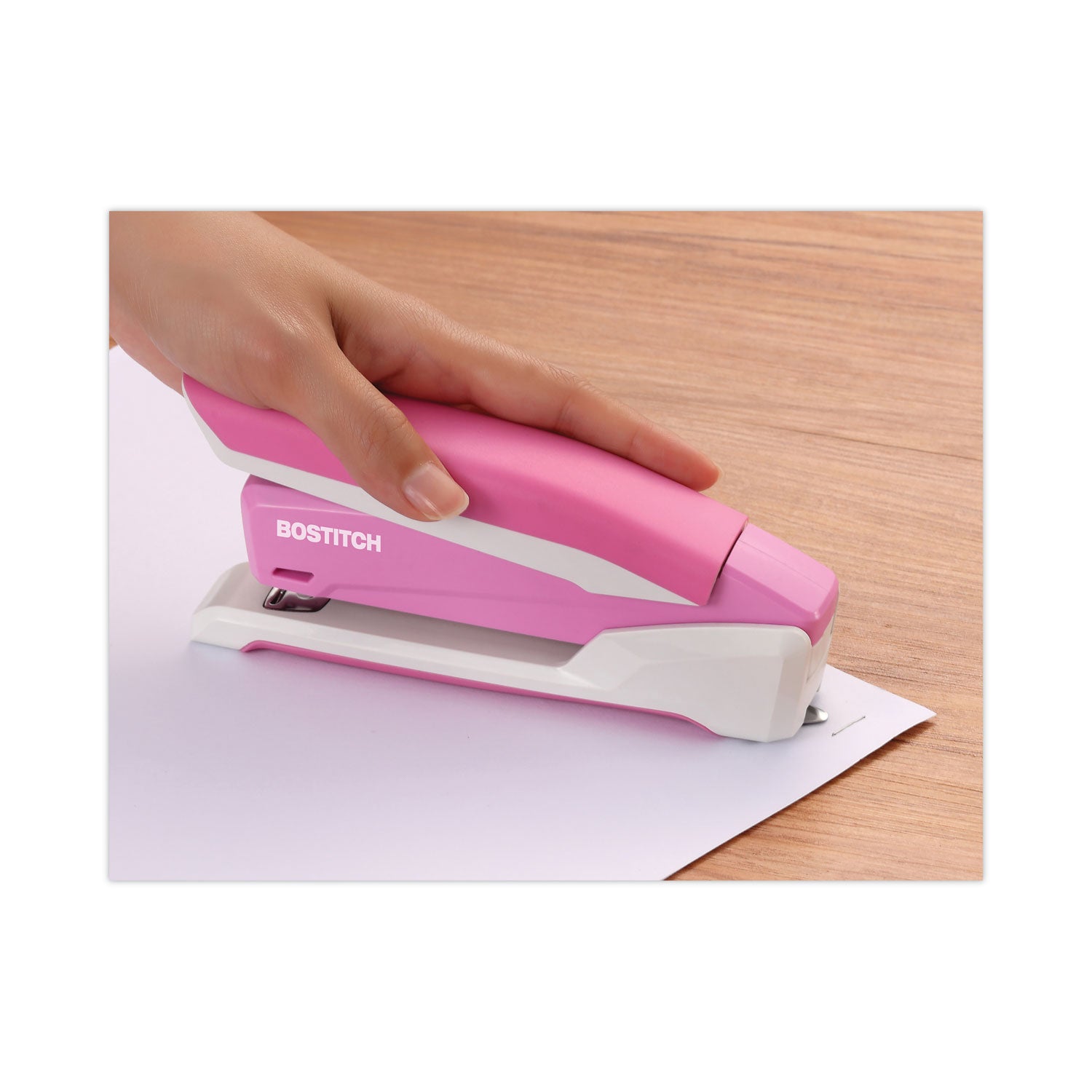 Bostitch® InCourage Spring-Powered Desktop Stapler with Antimicrobial Protection, 20-Sheet Capacity, Pink/Gray