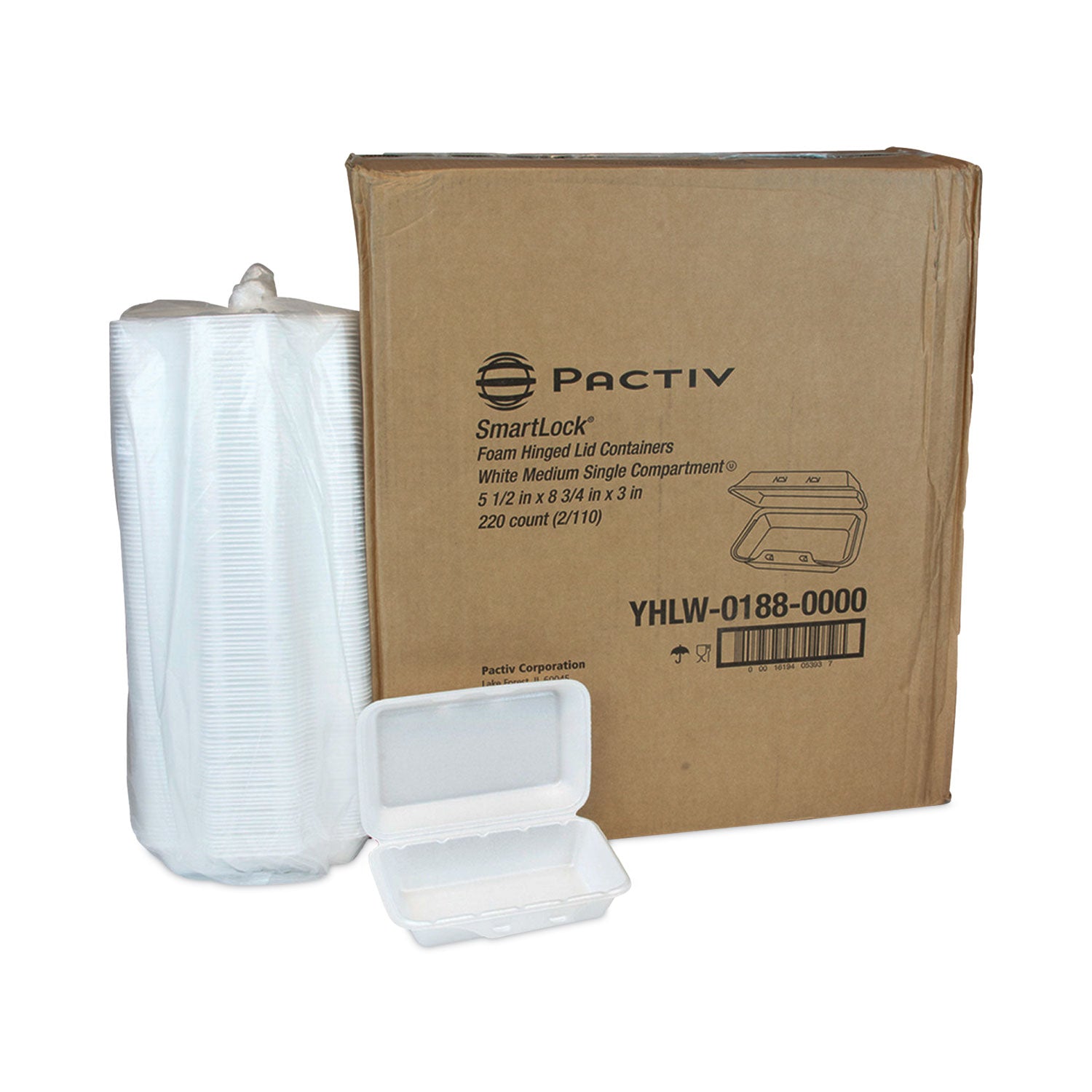 Pactiv Evergreen SmartLock Foam Hinged Lid Container, Medium, 8.75 x 5.5 x 3, White, 220/Carton