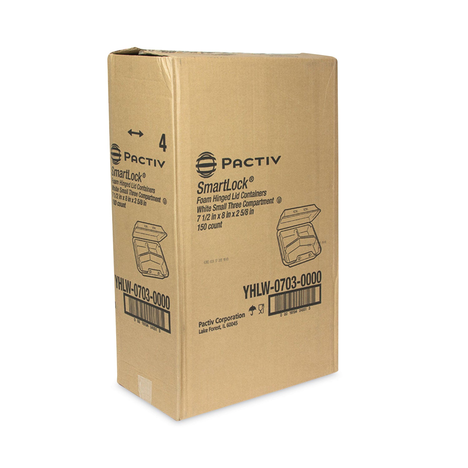 Pactiv Evergreen SmartLock Foam Hinged Lid Container, Small, 3-Compartment, 7.5 x 8 x 2.63, White, 150/Carton