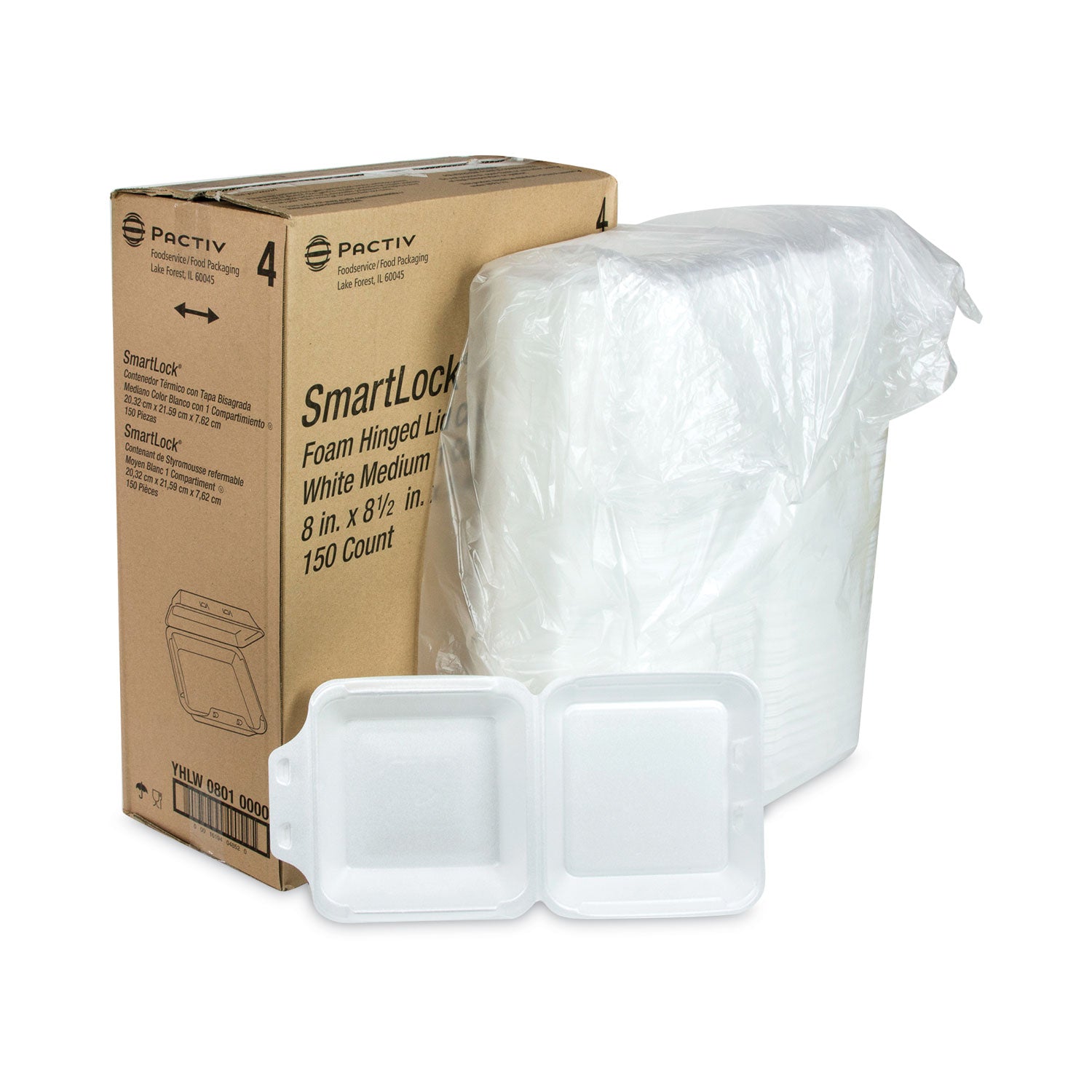 Pactiv Evergreen SmartLock Foam Hinged Lid Container, Medium, 8 x 8 x 3, White, 150/Carton