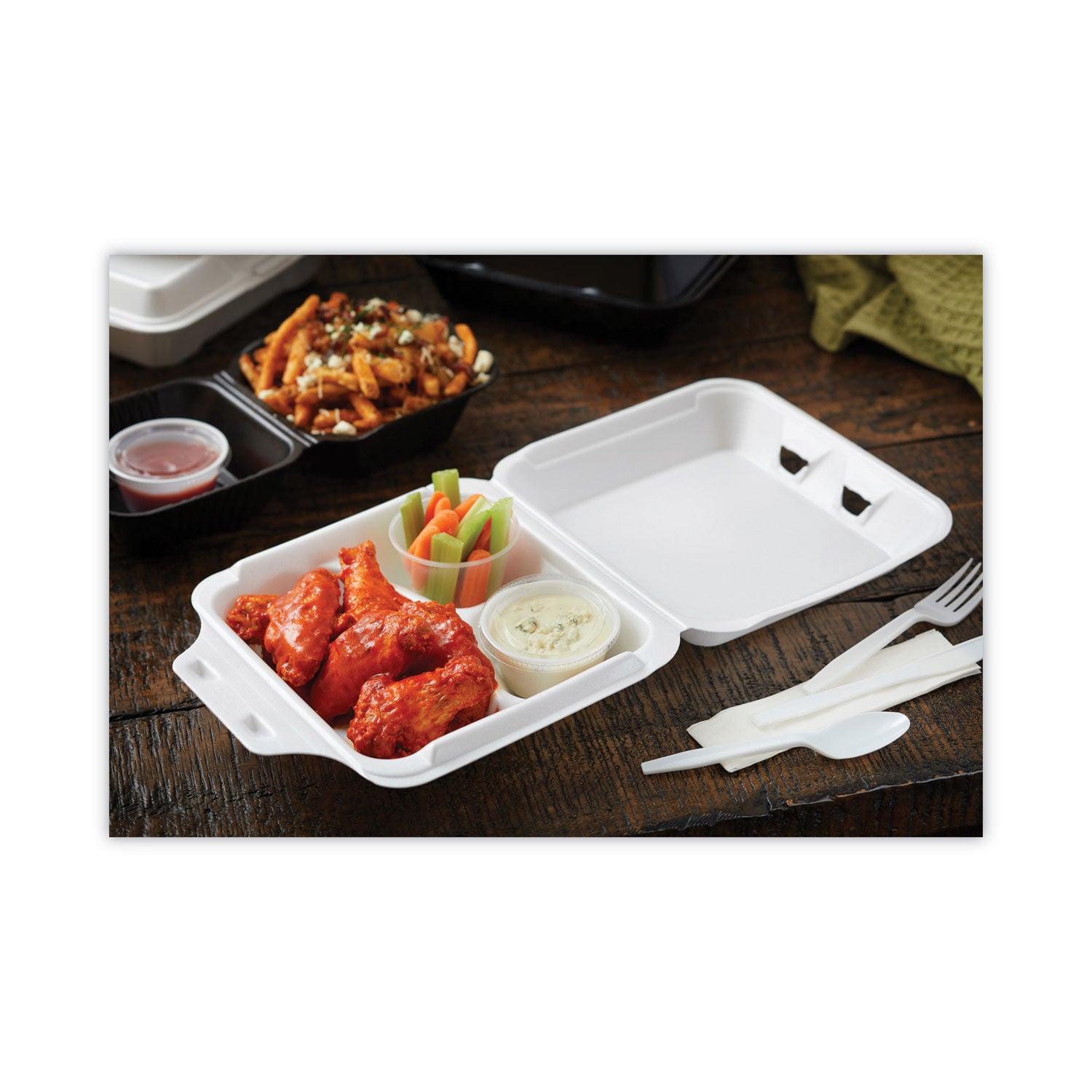 Pactiv Evergreen Vented Foam Hinged Lid Container, Dual Tab Lock Economy, 3-Compartment, 8.42 x 8.15 x 3, White, 150/Carton