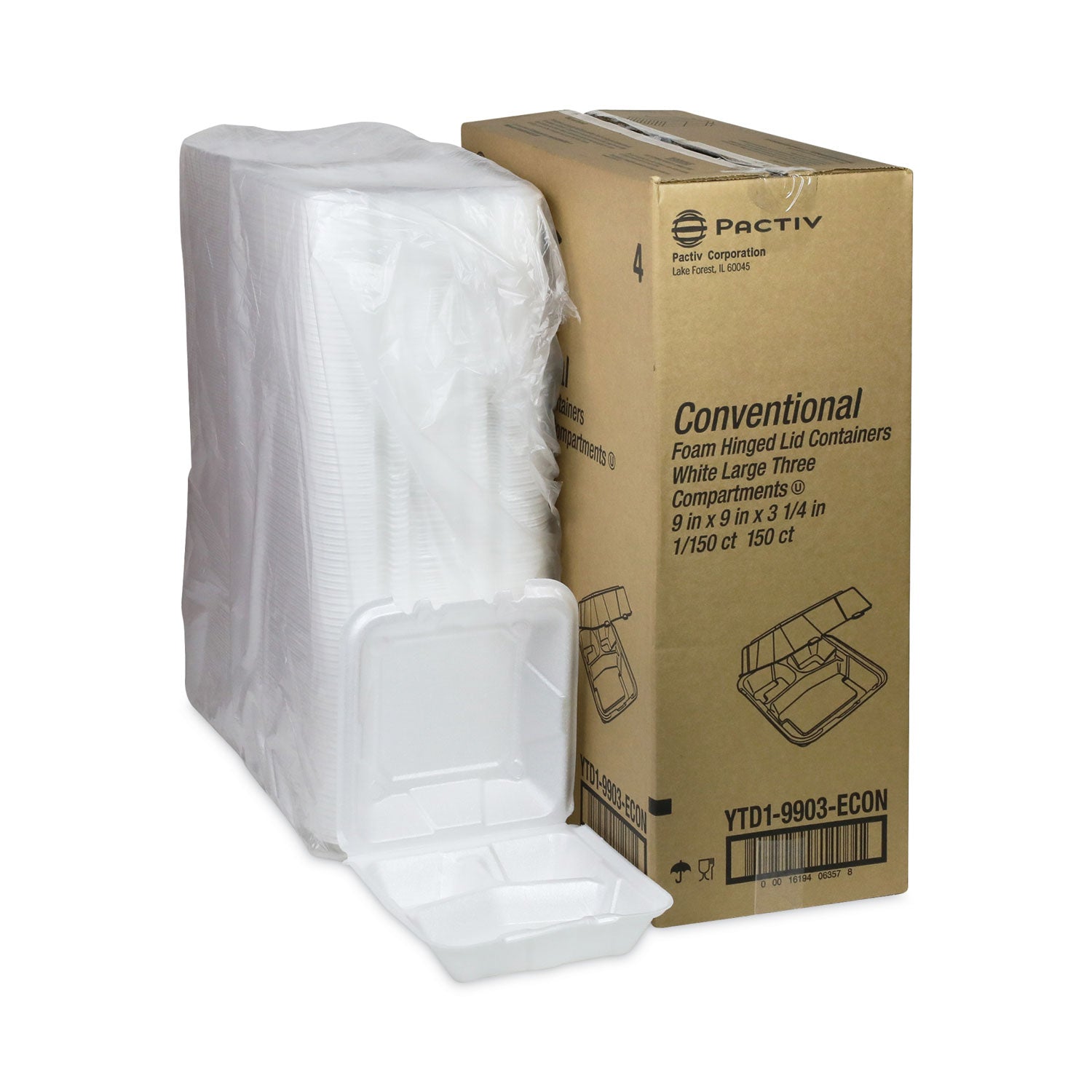 Pactiv Evergreen Vented Foam Hinged Lid Container, Dual Tab Lock Economy, 3-Compartment, 9.13 x 9 x 3.25, White, 150/Carton