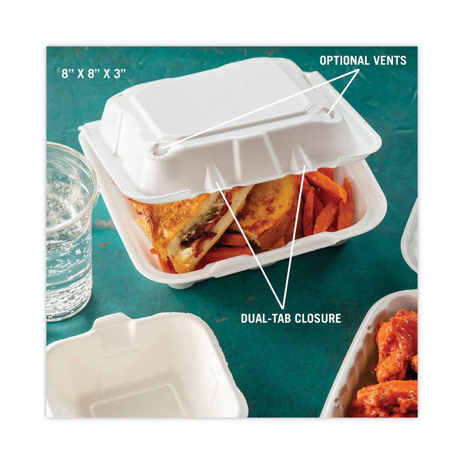 Pactiv Evergreen Vented Foam Hinged Lid Container, Dual Tab Lock, 8.42 x 8.15 x 3, White, 150/Carton