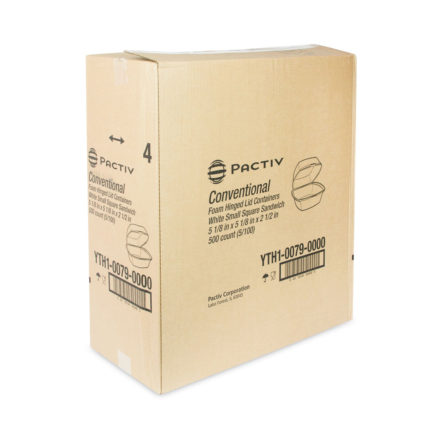 Pactiv Evergreen Foam Hinged Lid Container, Single Tab Lock, 5.13 x 5.13 x 2.5, White, 500/Carton