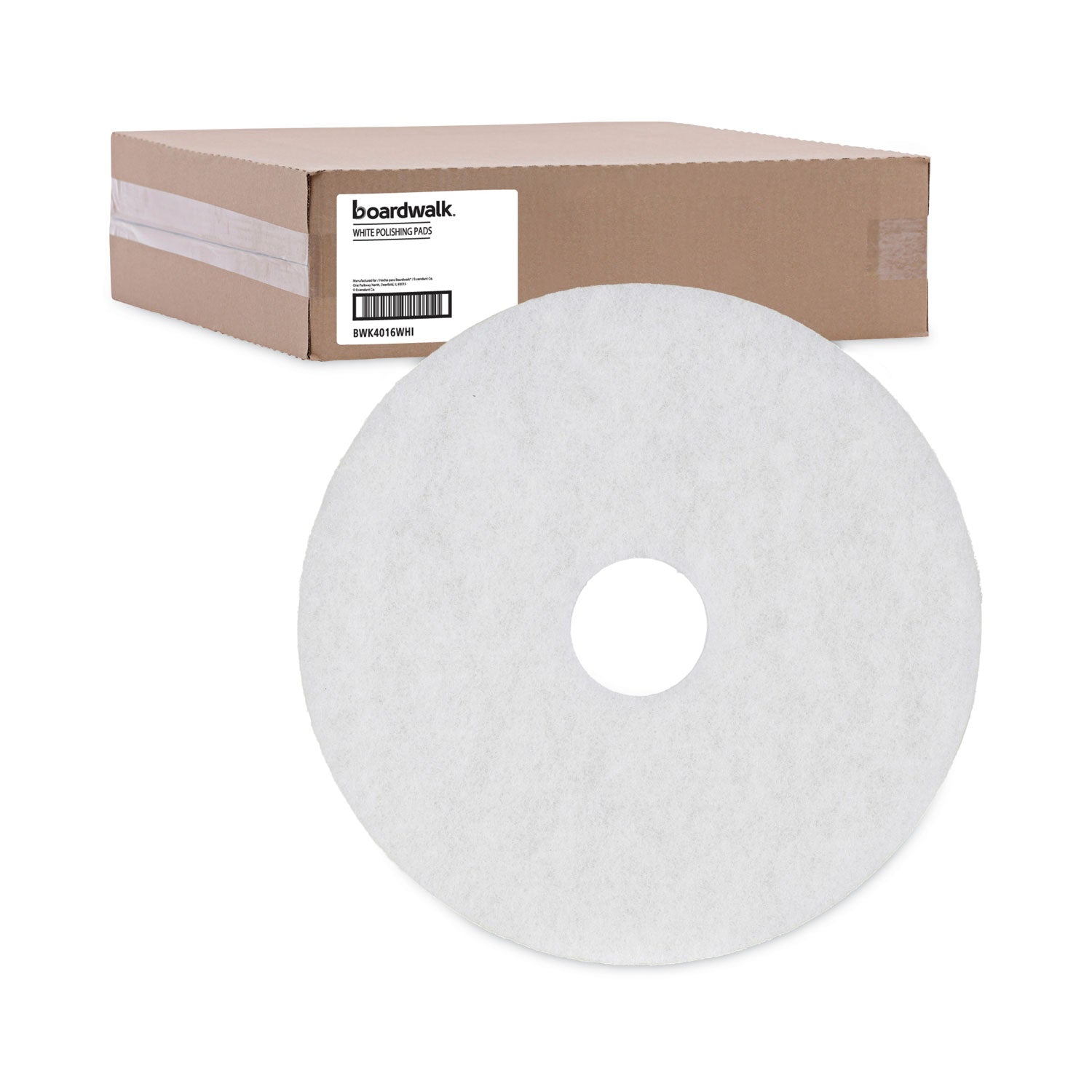 Boardwalk® Polishing Floor Pads, 16" Diameter, White, 5/Carton