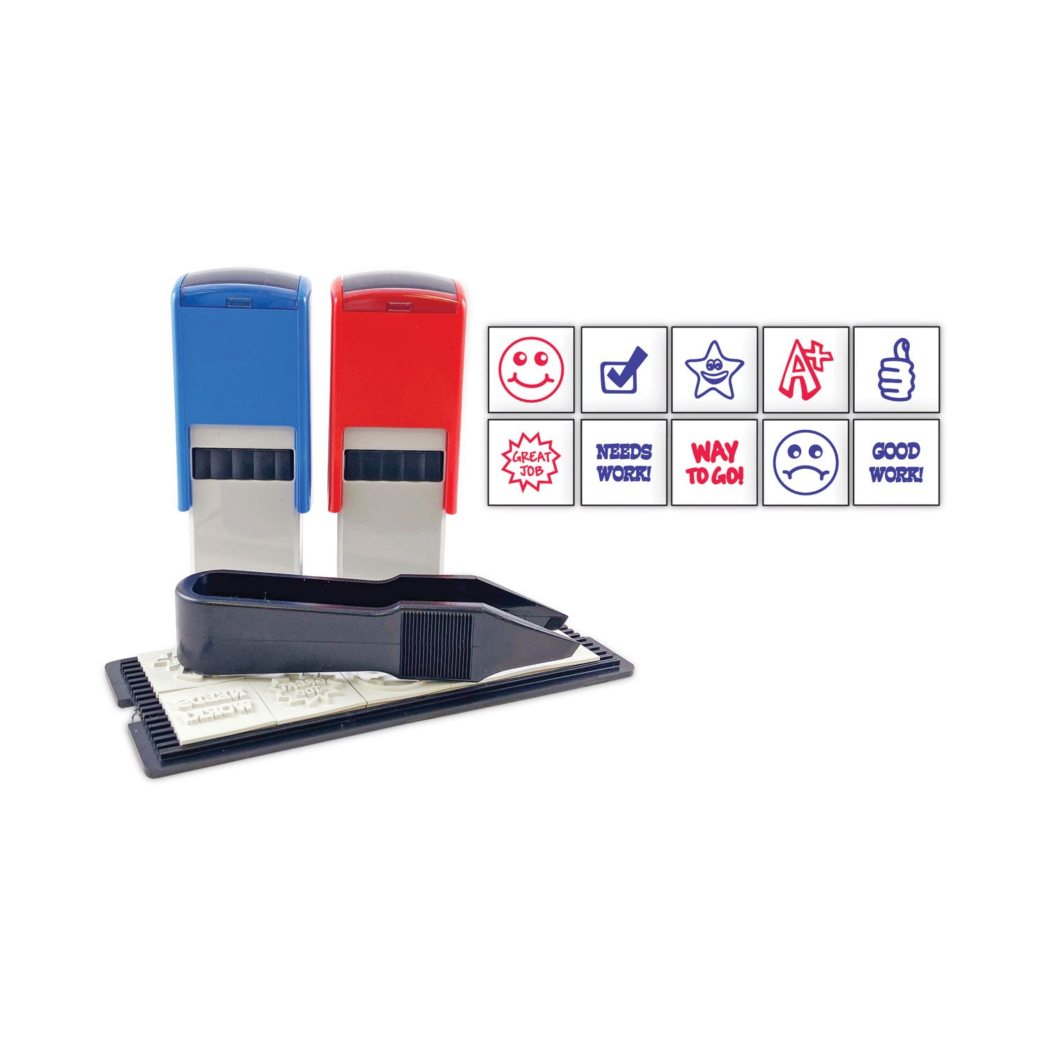 Printy 10-in-1 Self-Inking Teacher Stamp, Incudes 10 Dies, 0.63" Diameter, Blue/Red