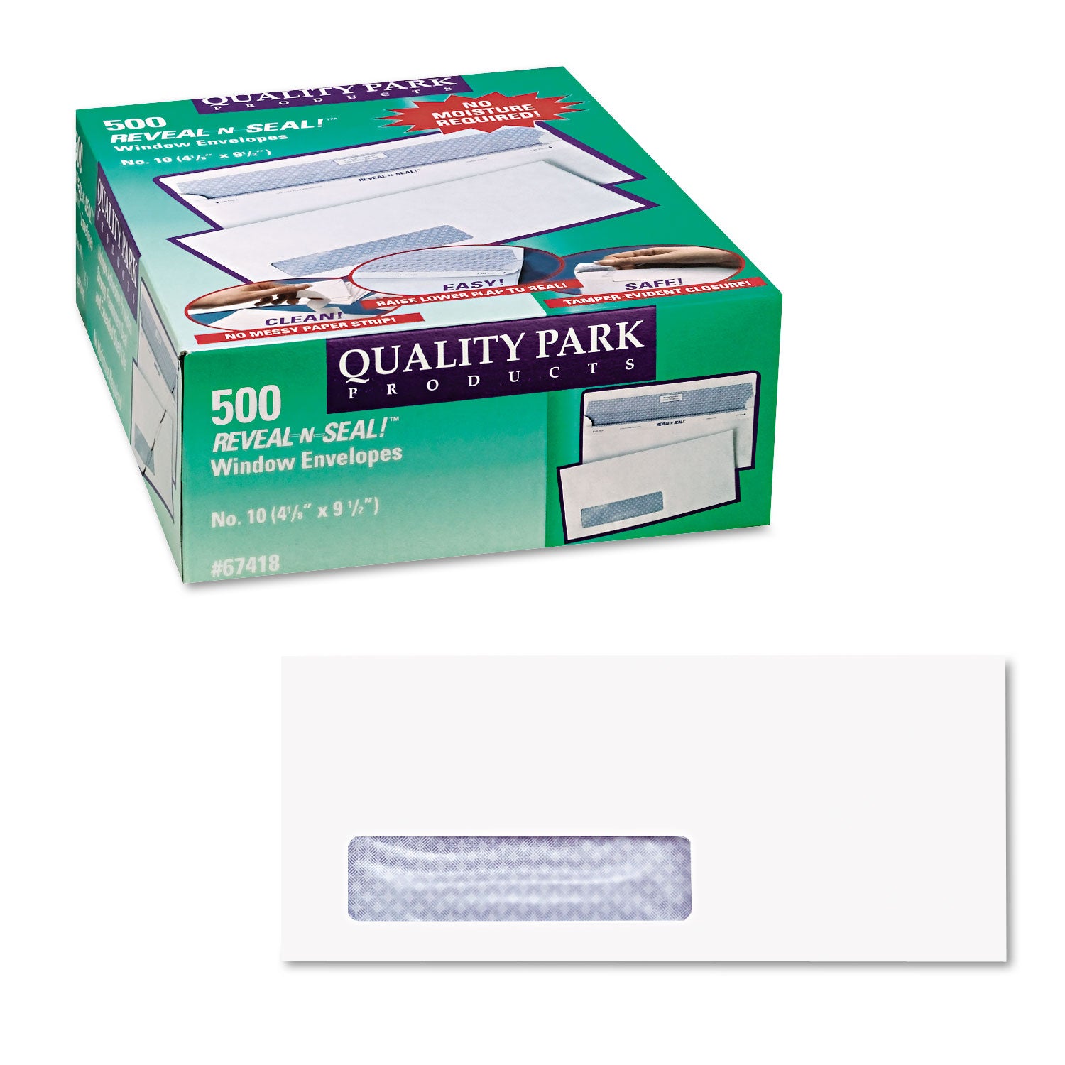 Quality Park™ Reveal-N-Seal Security-Tint Envelope, Address Window, #10, Commercial Flap, Self-Adhesive Closure, 4.13 x 9.5, White, 500/Box