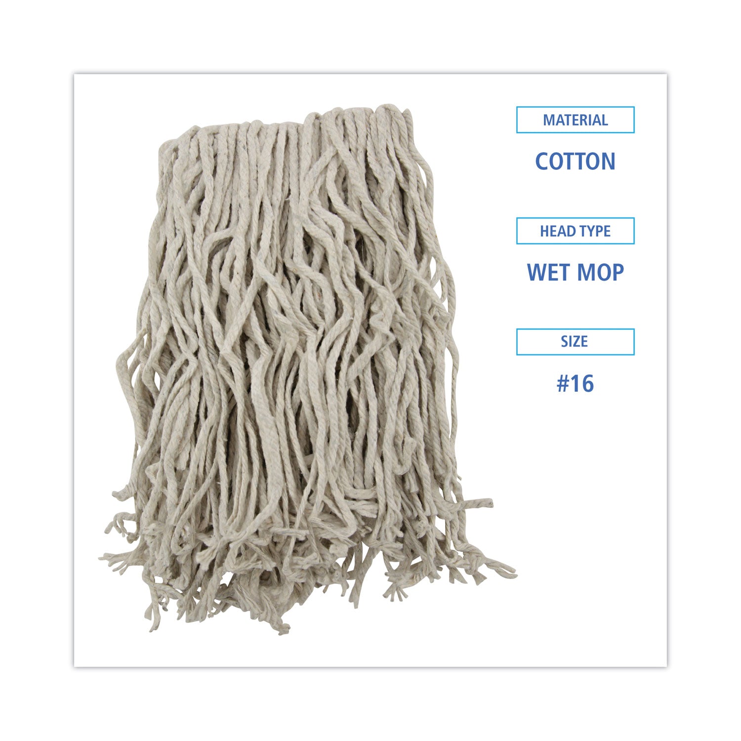 Boardwalk® Mop Head, Cotton, Cut-End, White, 4-Ply, #16 Band, 12/Carton