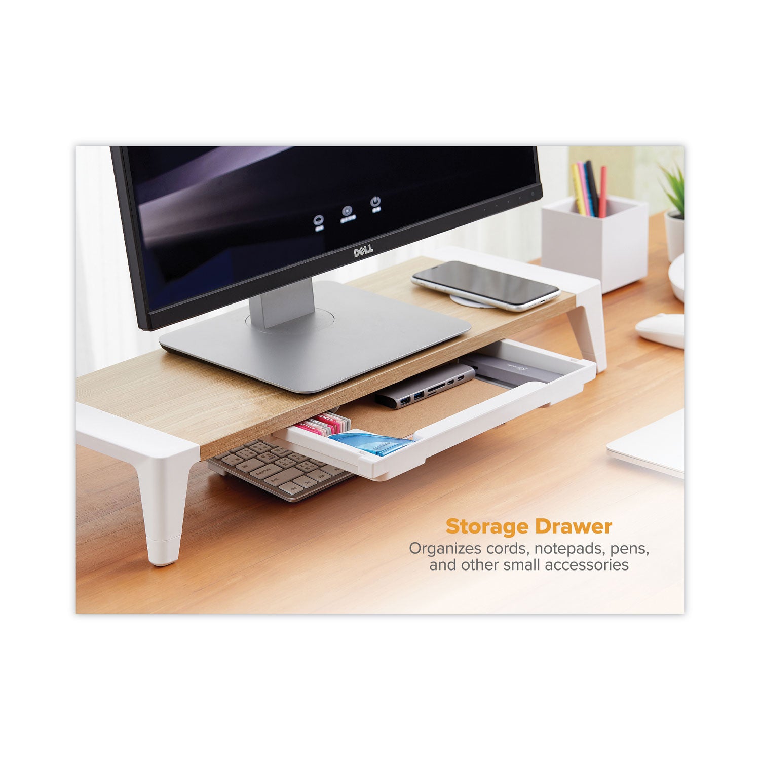 Bostitch® Wooden Monitor Stand with Wireless Charging Pad, 9.8" x 26.77" x 4.13", White