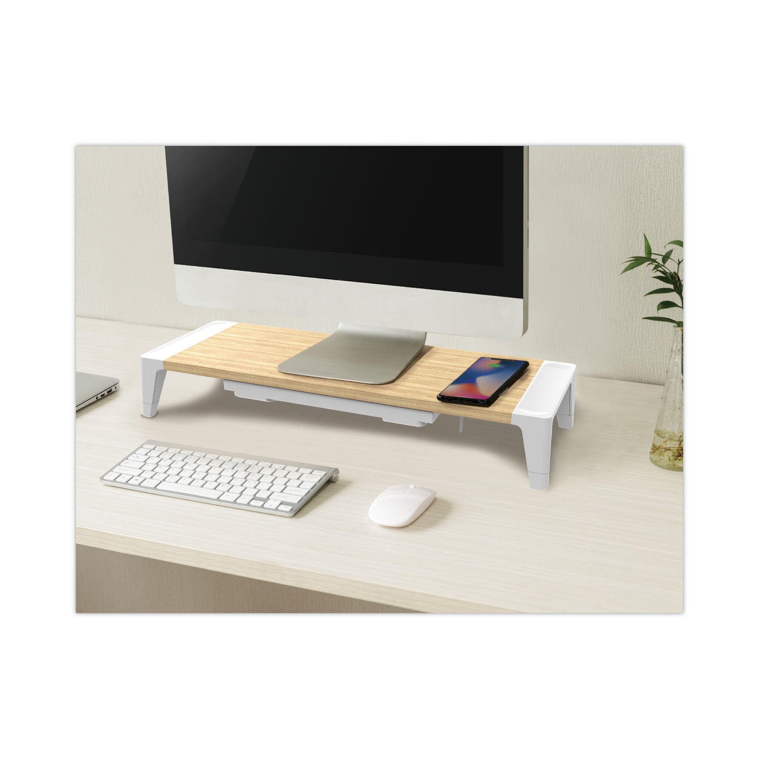 Bostitch® Wooden Monitor Stand with Wireless Charging Pad, 9.8" x 26.77" x 4.13", White