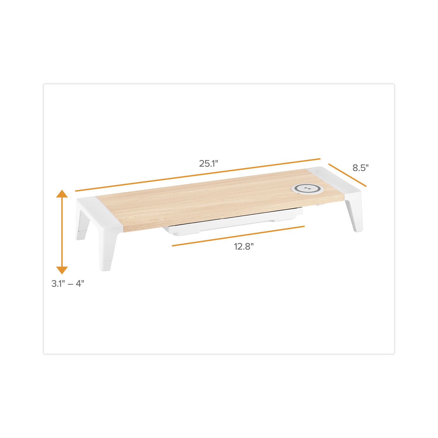 Bostitch® Wooden Monitor Stand with Wireless Charging Pad, 9.8" x 26.77" x 4.13", White