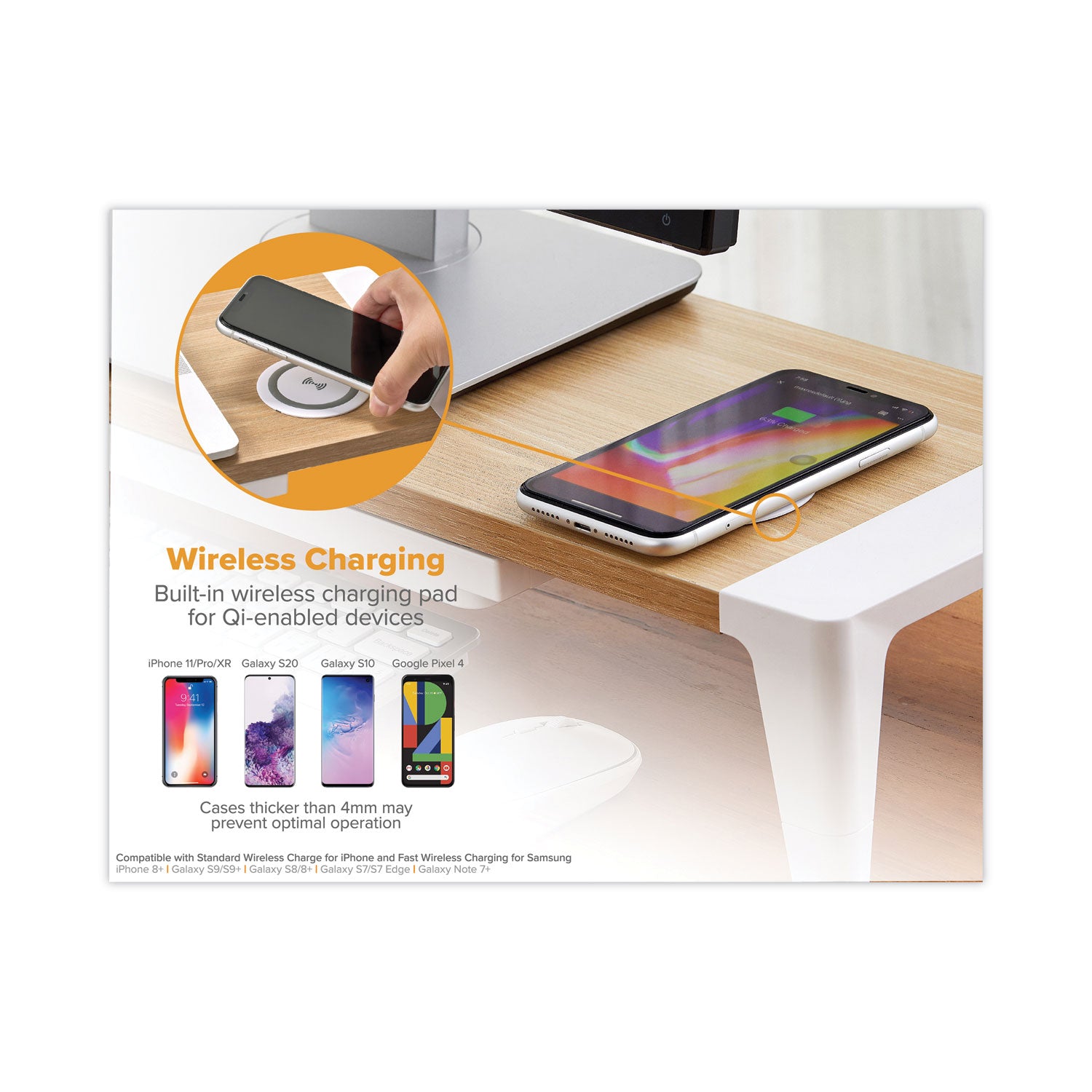 Bostitch® Wooden Monitor Stand with Wireless Charging Pad, 9.8" x 26.77" x 4.13", White