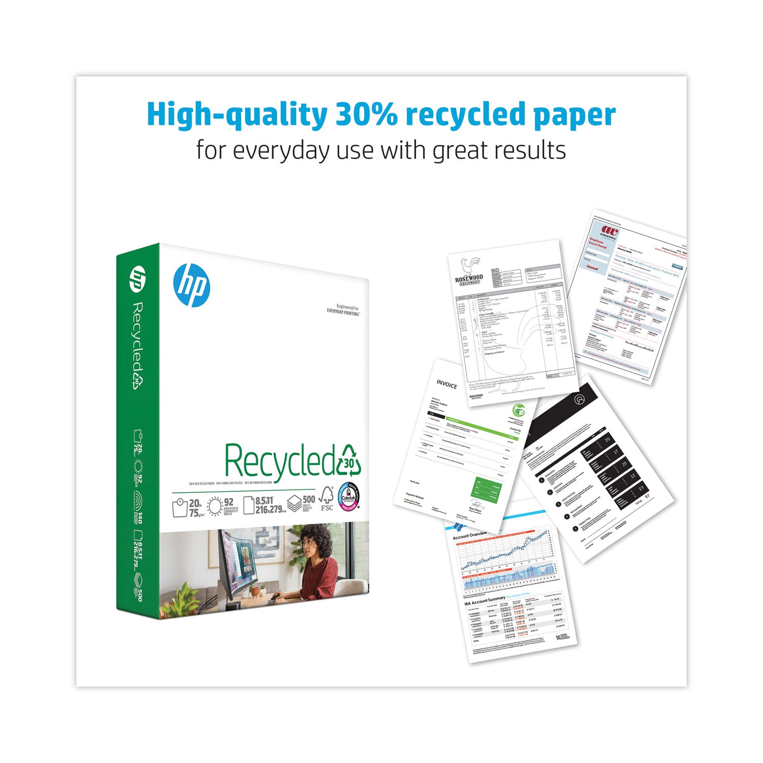 HP Papers Recycled30 Paper, 92 Bright, 20 lb Bond Weight, 8.5 x 11, White, 500 Sheets/Ream, 10 Reams/Carton