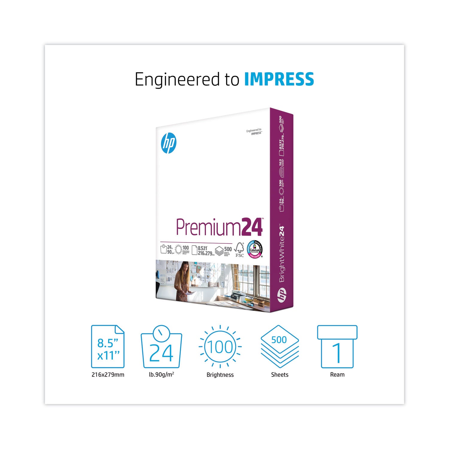 HP Papers Premium24 Paper, 98 Bright, 24 lb Bond Weight, 8.5 x 11, Ultra White, 500/Ream