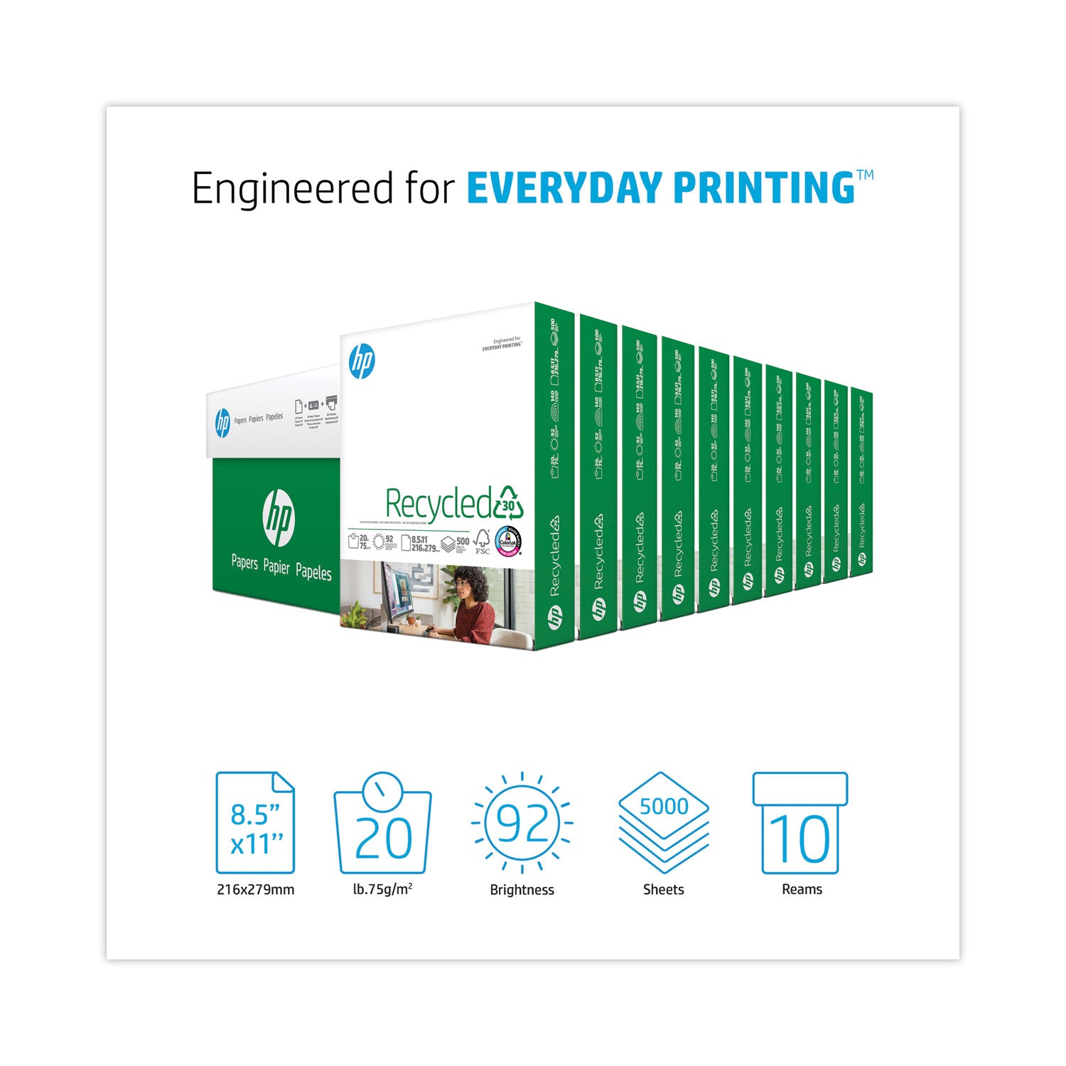 HP Papers Recycled30 Paper, 92 Bright, 20 lb Bond Weight, 8.5 x 11, White, 500 Sheets/Ream, 10 Reams/Carton