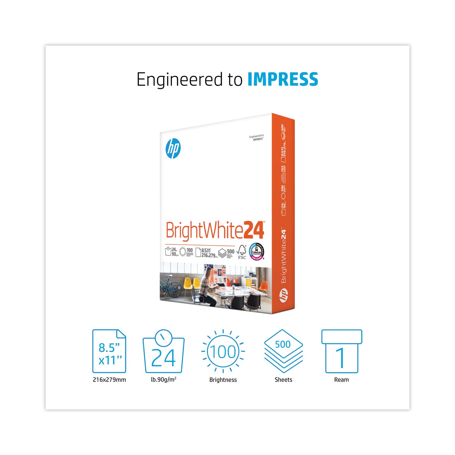 HP Papers Brightwhite24 Paper, 100 Bright, 24 lb Bond Weight, 8.5 x 11, Bright White, 500/Ream