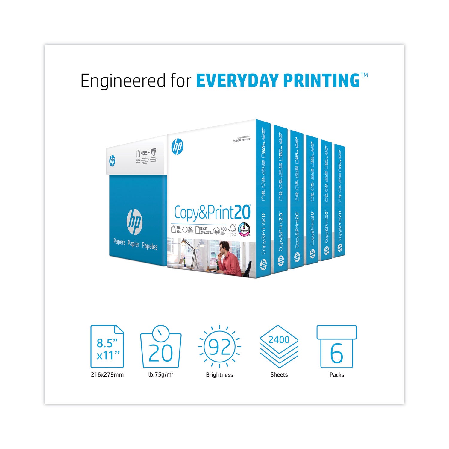 HP Papers CopyandPrint20 Paper, 92 Bright, 20 lb Bond Weight, 8.5 x 11, White, 400 Sheets/Ream, 6 Reams/Carton