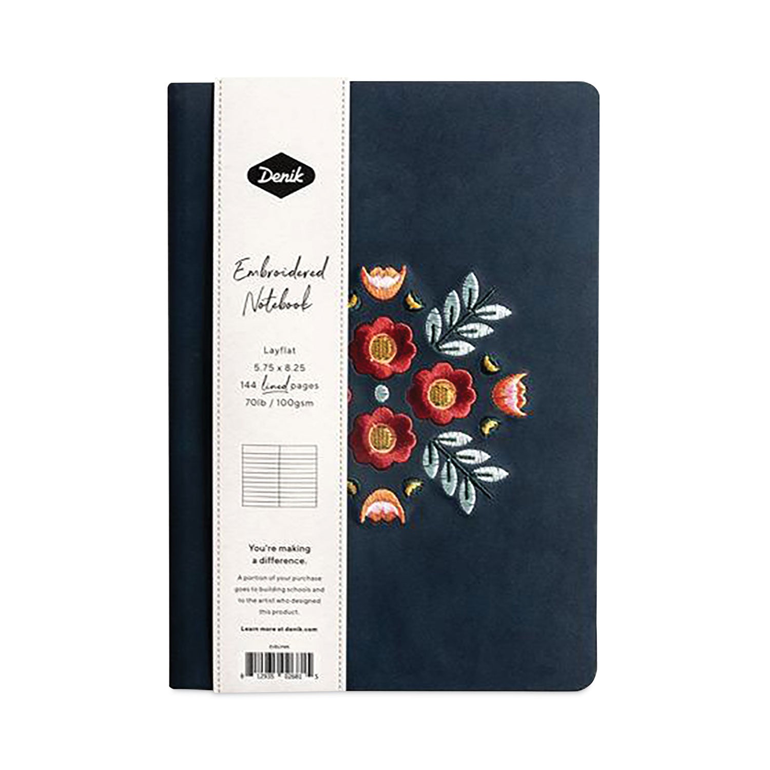 Vegan-Suede Layflat Hardbound Journal, Evelyn's Floral Bouquet, College Rule, Dark Blue/Multicolor Cover, (72) 8 x 5.5 Sheets