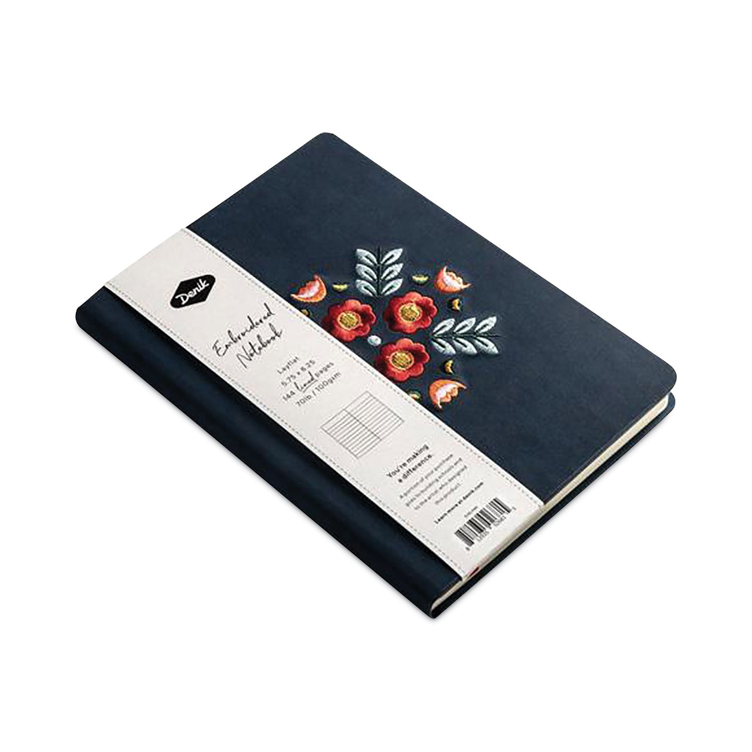 Denik Vegan-Suede Layflat Hardbound Journal, Evelyn's Floral Bouquet, College Rule, Dark Blue/Multicolor Cover, (72) 8 x 5.5 Sheets