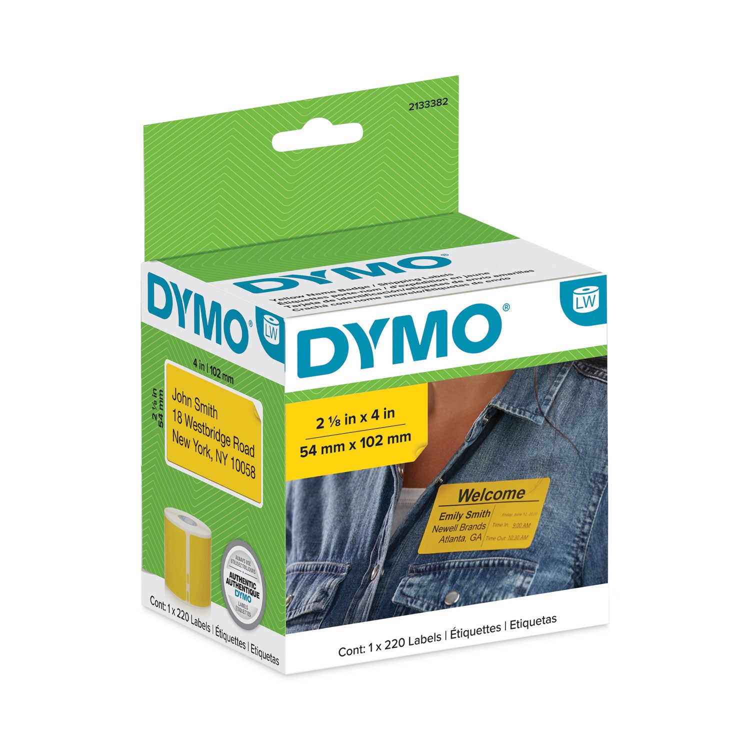 DYMO® LabelWriter Name Badge/Shipping Labels, 2.13", Black on Yellow, 220 Labels/Roll