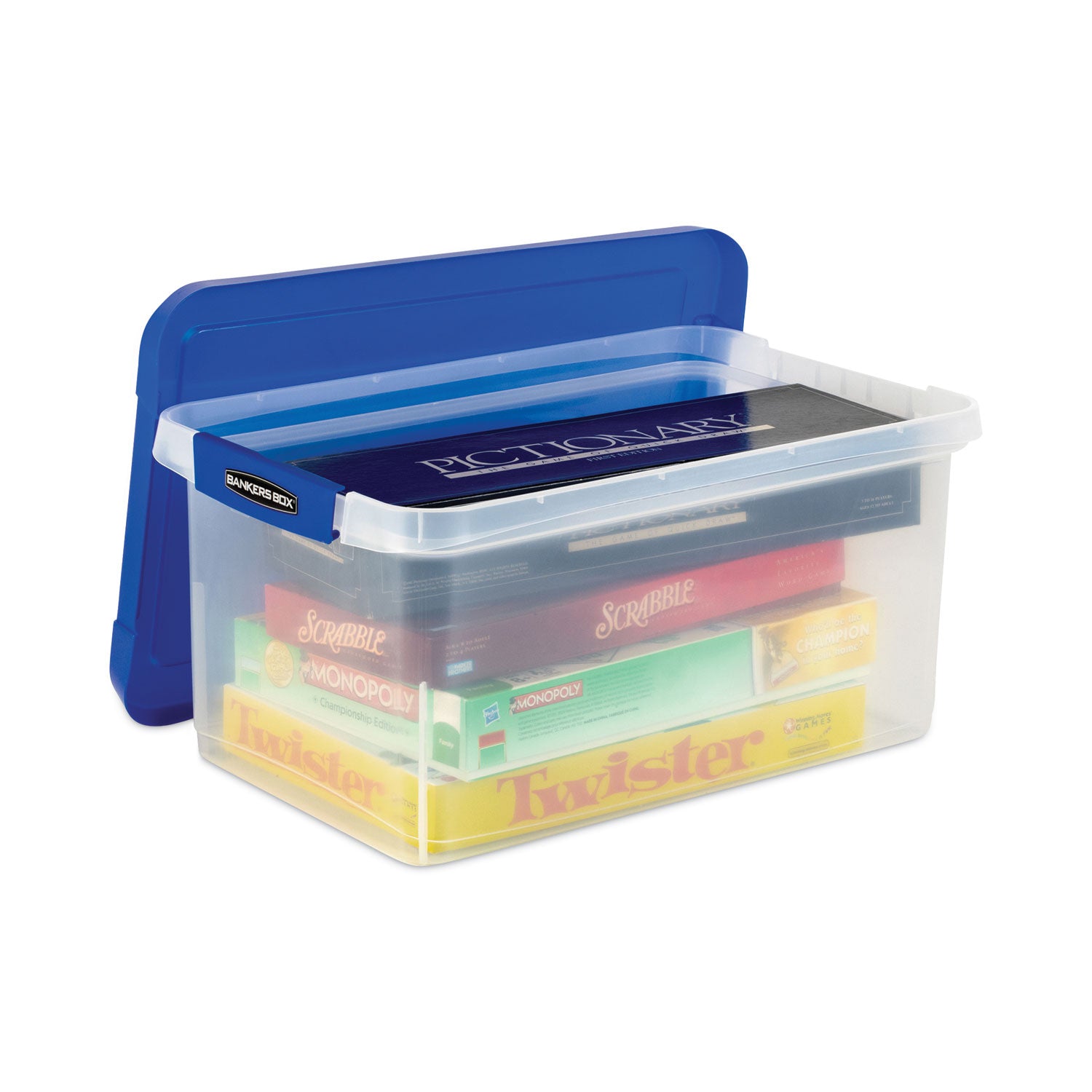 Bankers Box® Latch Lid Storage Bin, 22.38" x 14.19" x 10.63", Clear/Blue