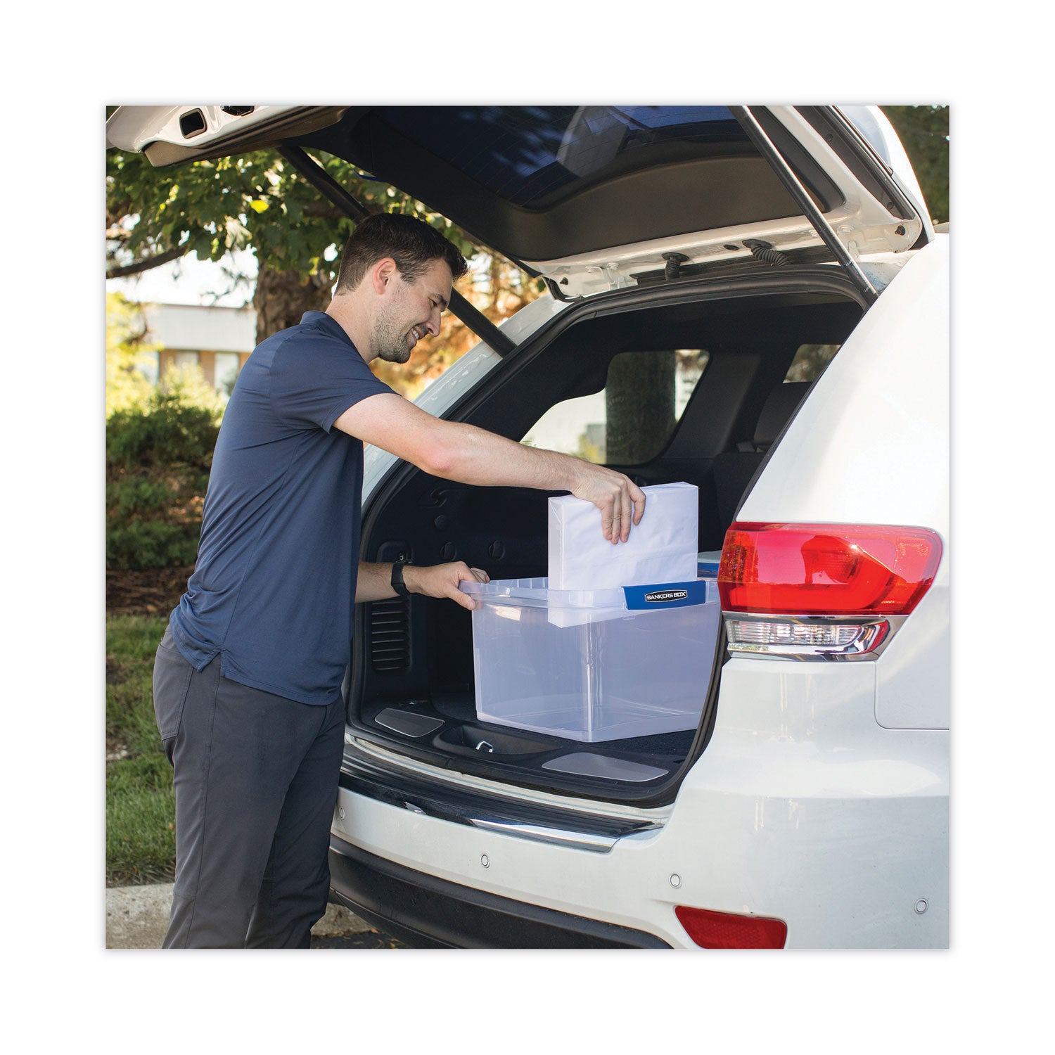 Bankers Box® Latch Lid Storage Bin, 22.38" x 14.19" x 10.63", Clear/Blue