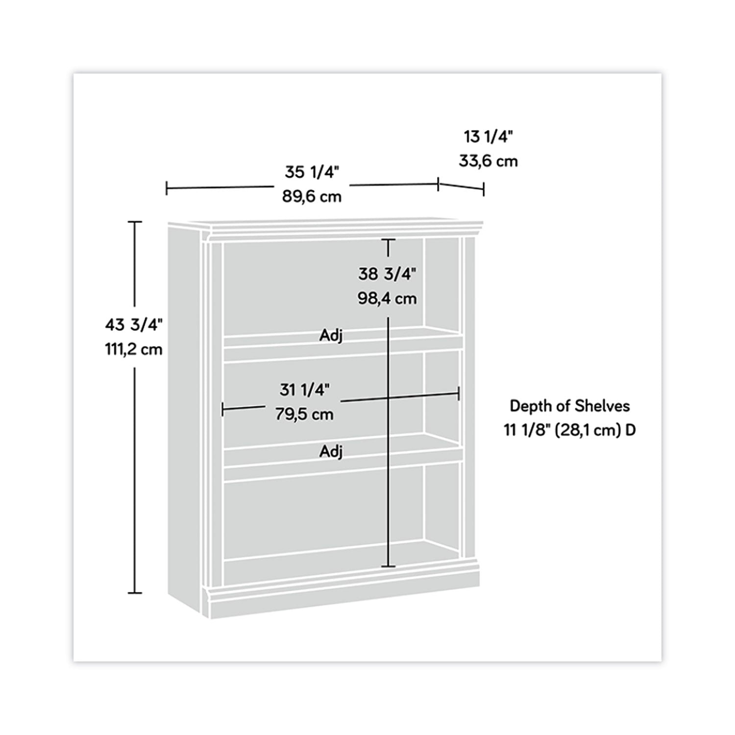 Sauder® Select Collection Bookcase, Three-Shelf, 35.27w x 13.3d x 43.78h, Oiled Brown