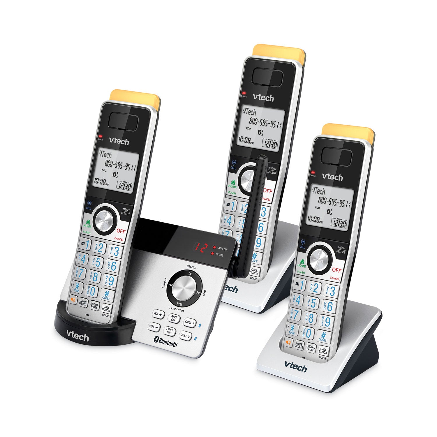 80-2151-02 Three-Handset Connect to Cell Cordless Telephone, Black/Silver