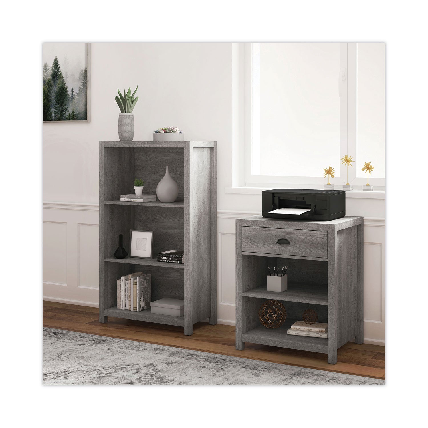 Whalen® Fallbrook Printer Stand, Engineered Wood, 3 Shelves, 1 Drawer, 50 lb Capacity, 24" x 20" x 30.25", Smoked Ash