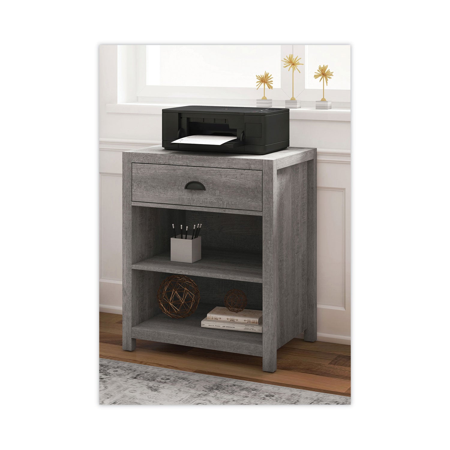 Whalen® Fallbrook Printer Stand, Engineered Wood, 3 Shelves, 1 Drawer, 50 lb Capacity, 24" x 20" x 30.25", Smoked Ash