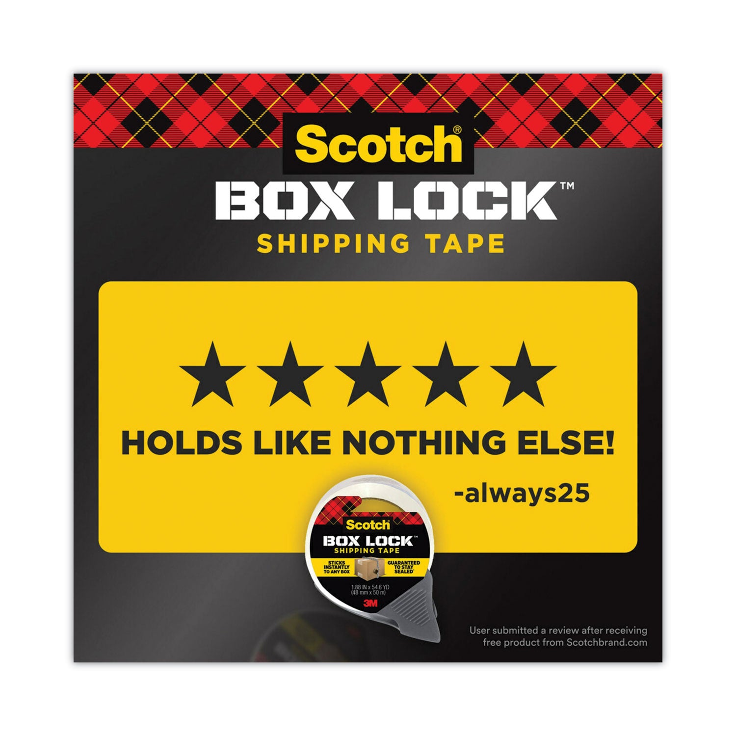 Scotch Box Lock Shipping Tape with Dispenser, 1.5"" Core, 1.88"" x 22.2 yds, Clear