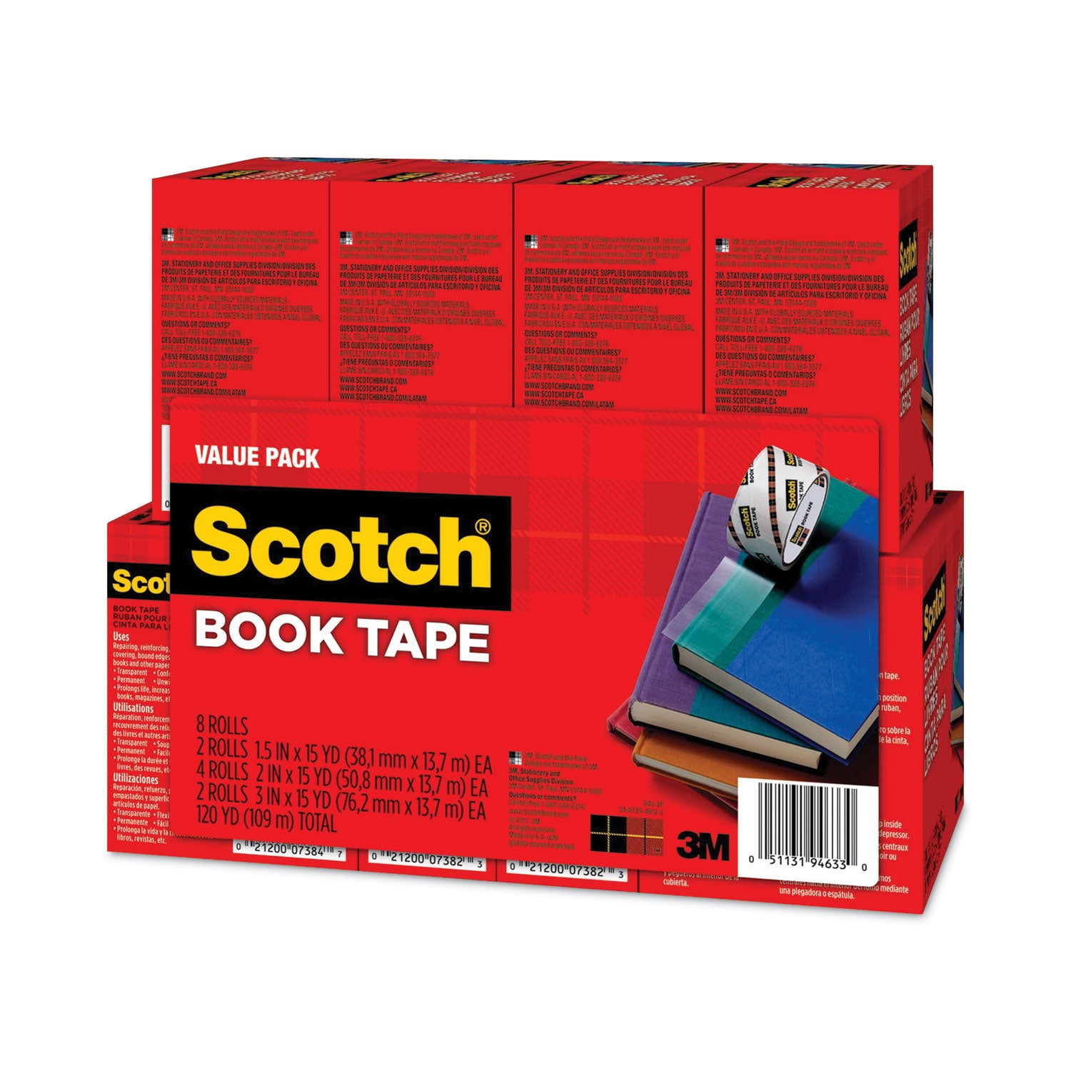 Scotch® Book Tape Value Pack, 3" Core, (2) 1.5" x 15 yds, (4) 2" x 15 yds, (2) 3" x 15 yds, Clear, 8/Pack