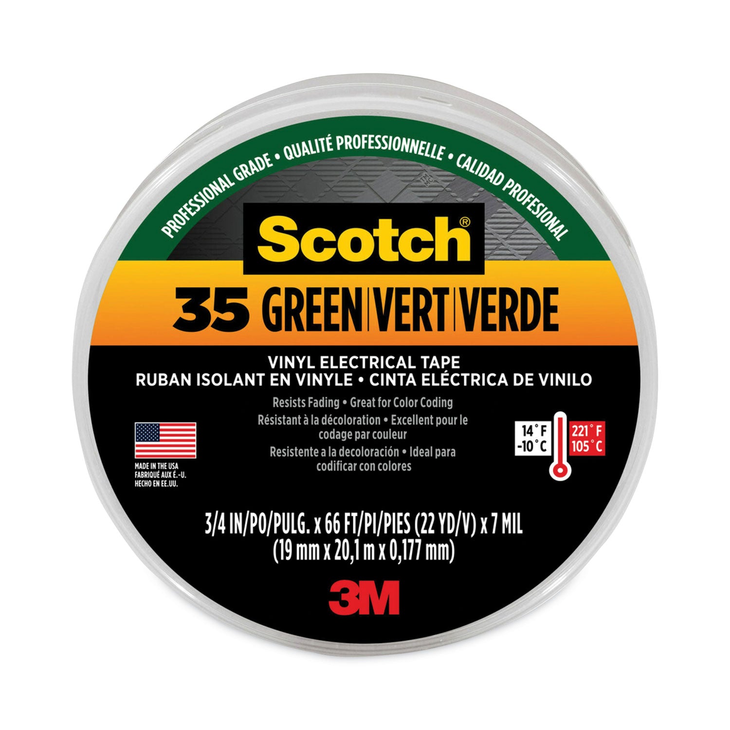 Scotch 35 Vinyl Electrical Color Coding Tape, 3" Core, 0.75" x 66 ft, Green