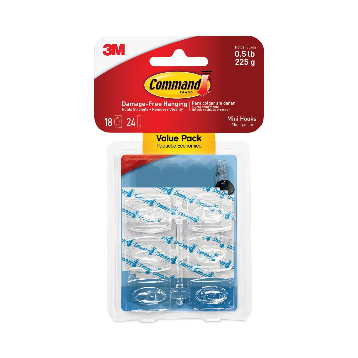 Command™ Clear Hooks and Strips, Mini, Plastic, 0.5 lb Capacity, 18 Hooks and 24 Strips/Pack