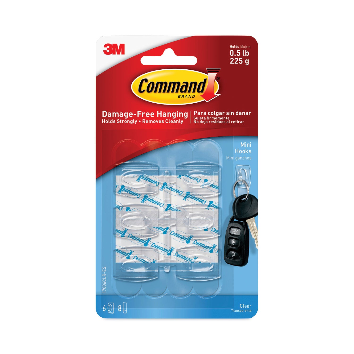 Command™ Clear Hooks and Strips, Mini, Plastic, 0.5 lb Capacity, 6 Hooks and 8 Strips/Pack