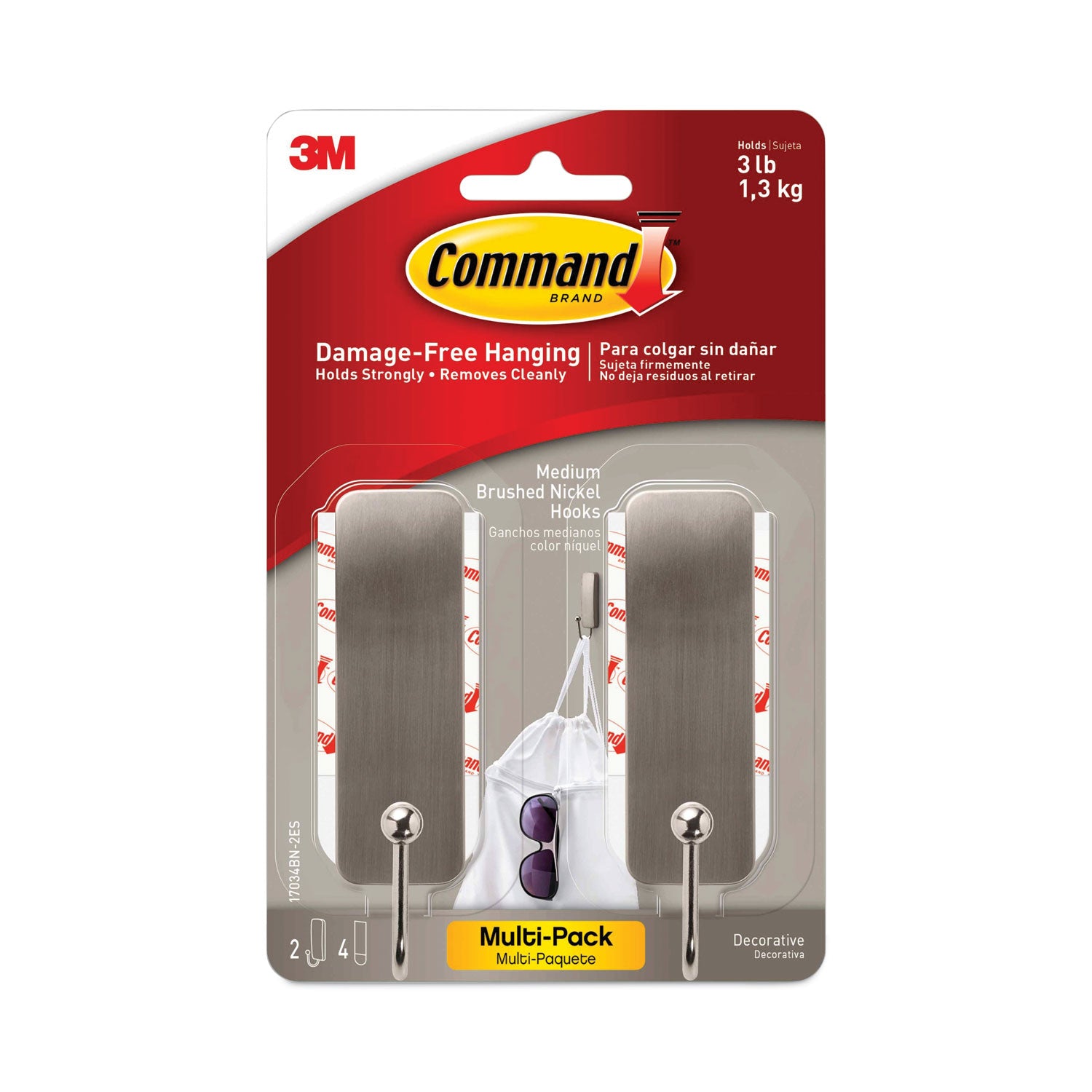 Command™ Decorative Hooks, Medium, Metal, Brushed Nickel, 3 lb Capacity, 2 Hooks and 4 Strips/Pack