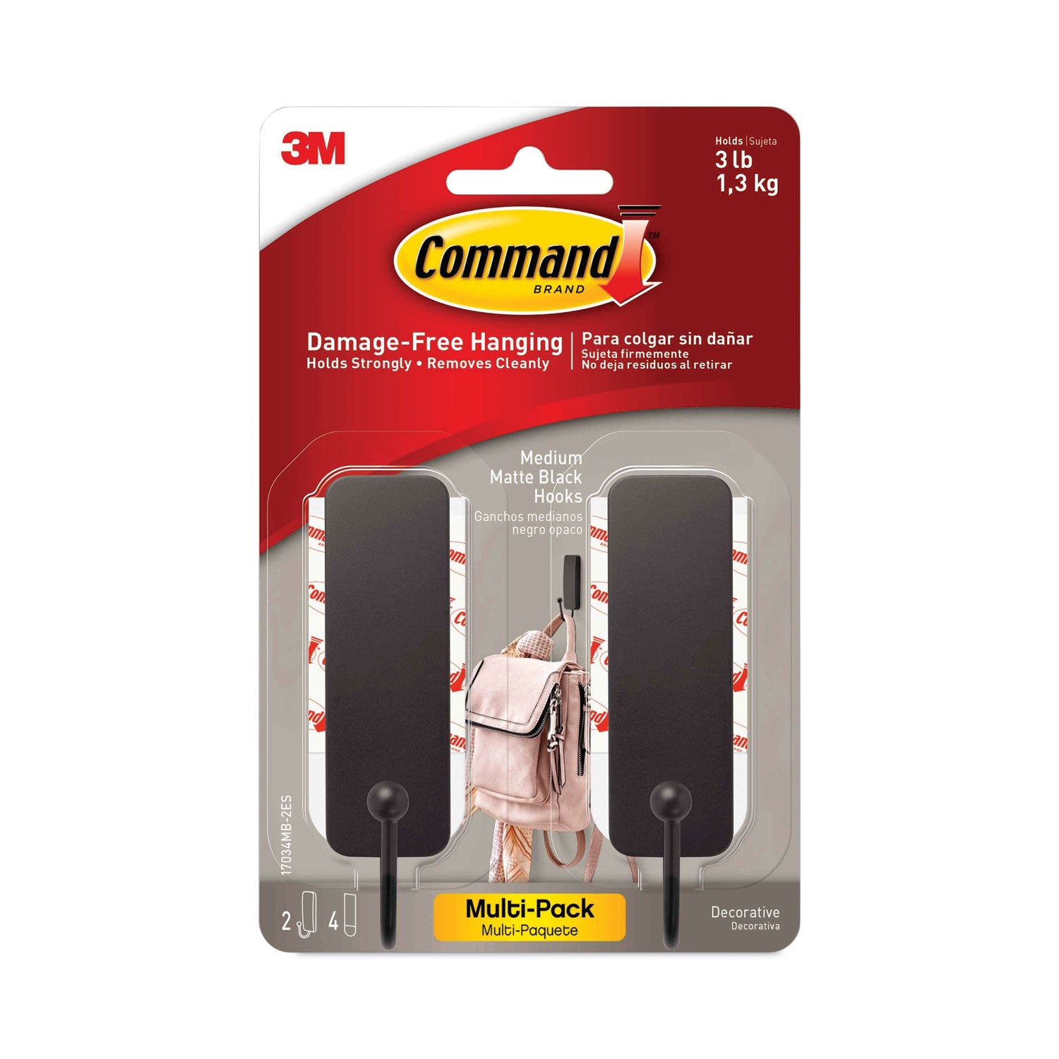 Command™ Decorative Hooks, Medium, Plastic, Matte Black, 3 lb Capacity, 2 Hooks and 4 Strips/Pack