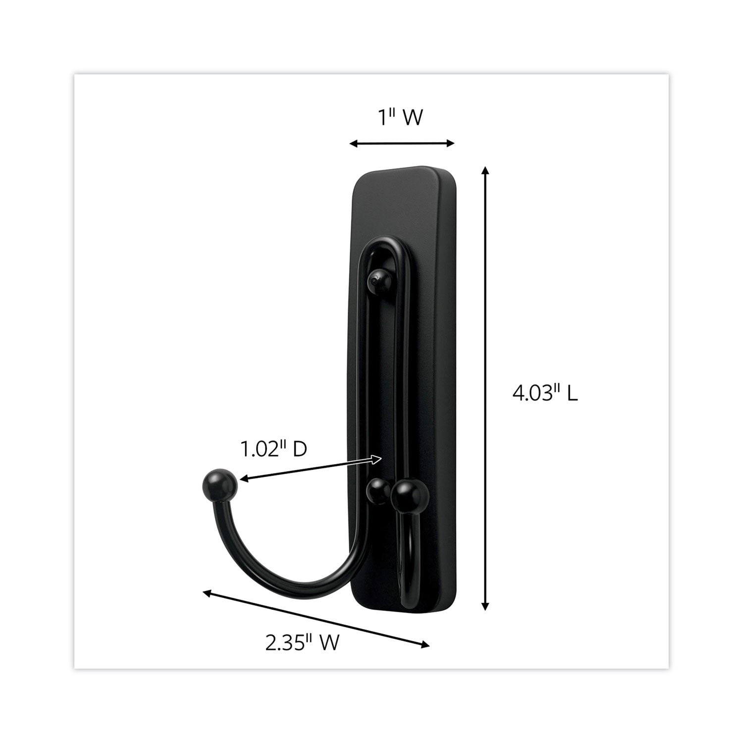 Adhesive Mount Metal Hook, Large, Double Hook, Matte Black Finish, 4 lb Capacity, 1 Hook and 1 Strip/Pack