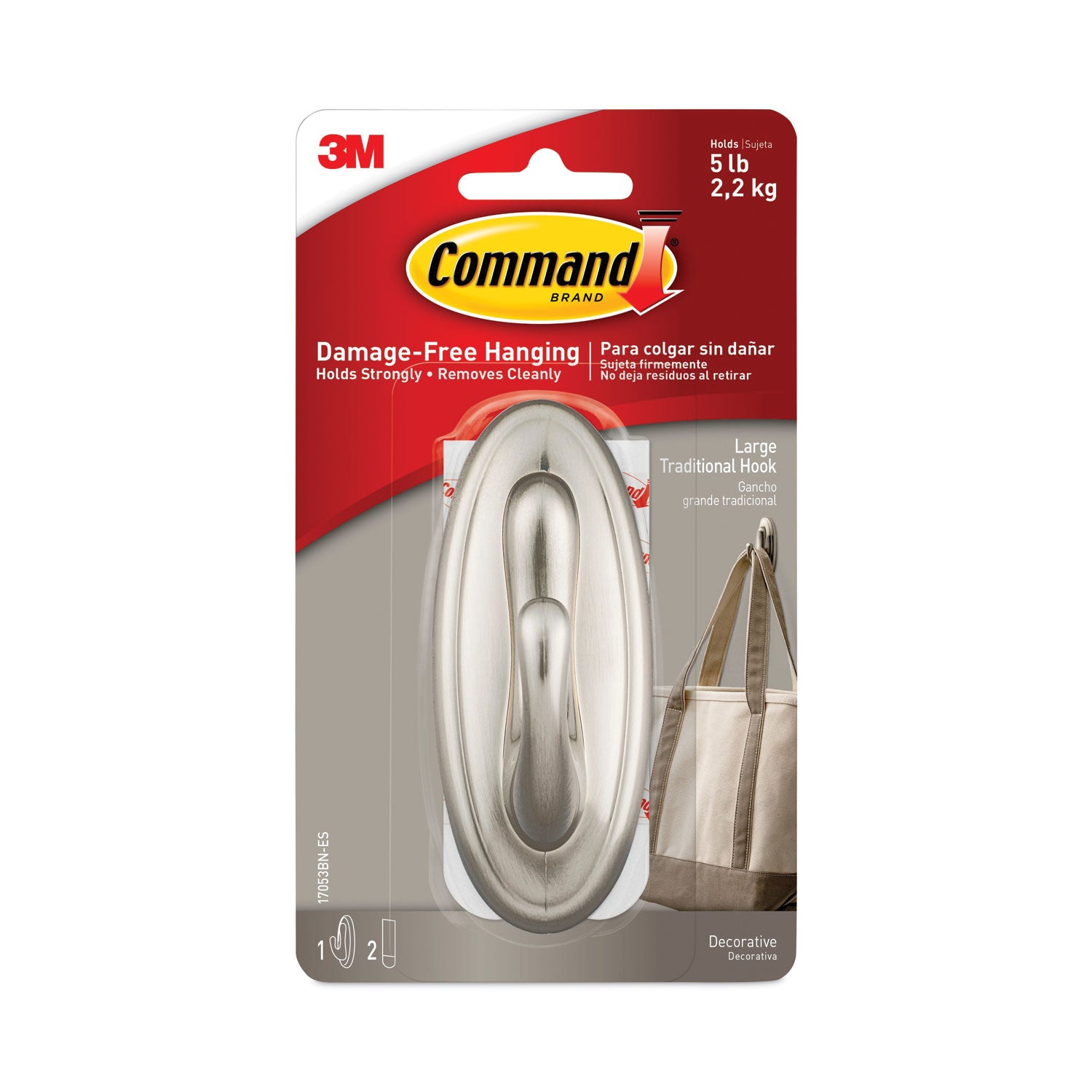 Command™ Decorative Hooks, Traditional, Large, Plastic, Silver, 5 lb Capacity, 1 Hook and 2 Strips/Pack